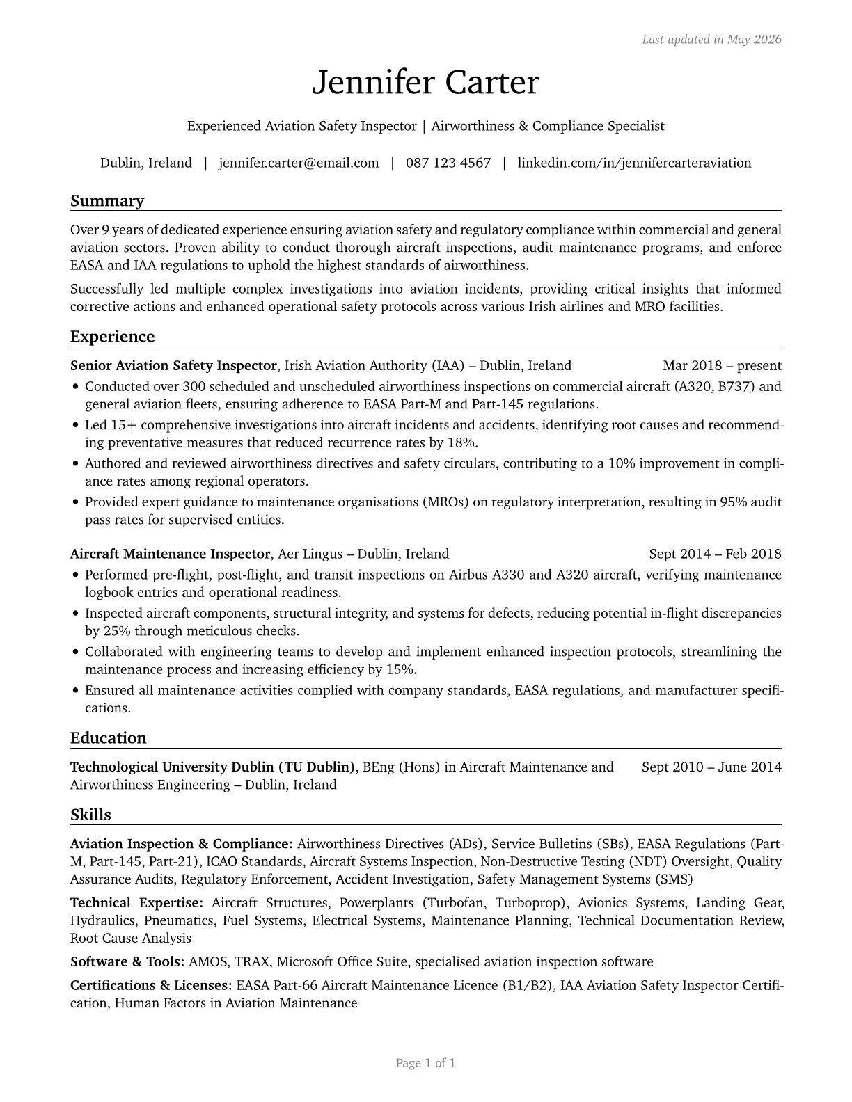 Aviation Inspectors CV in English — page 1