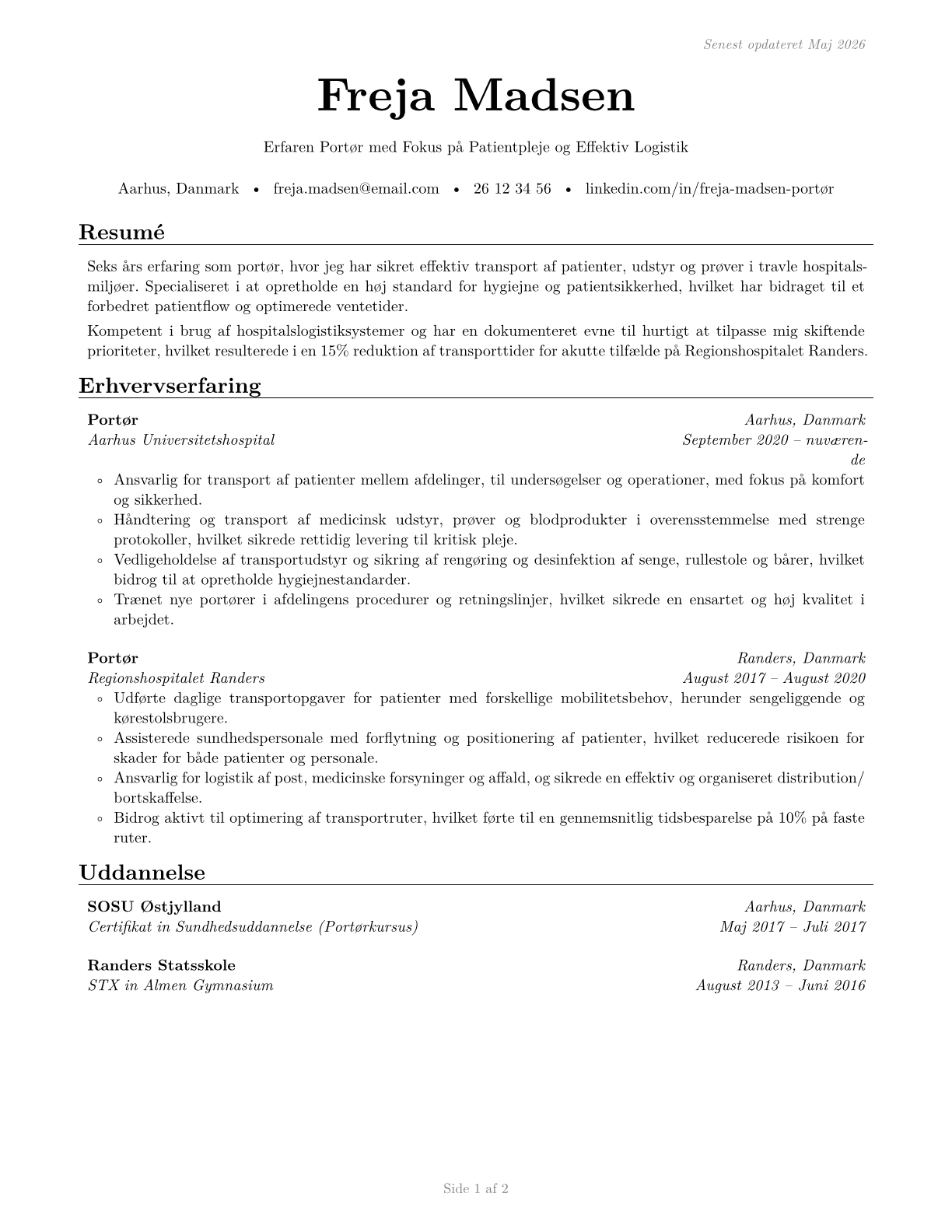 Orderlies CV in Danish — page 1