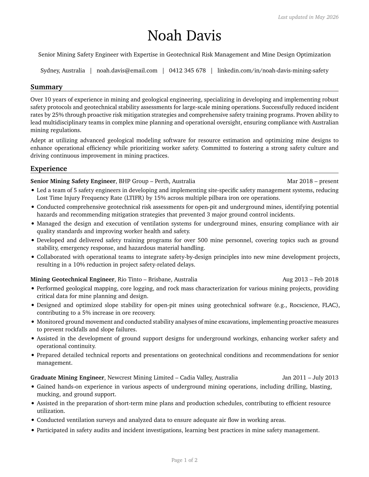 Mining and Geological Engineers, Including Mining Safety Engineers CV in English — page 1