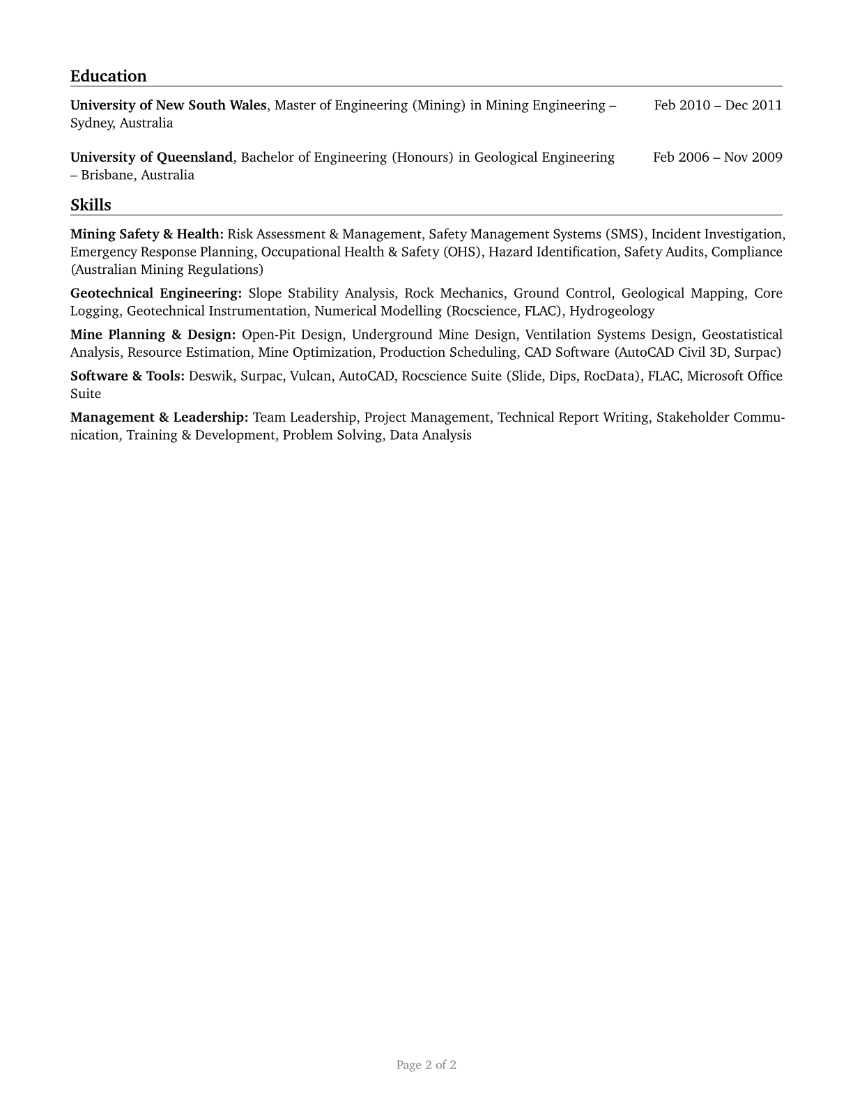 Mining and Geological Engineers, Including Mining Safety Engineers CV in English — page 2