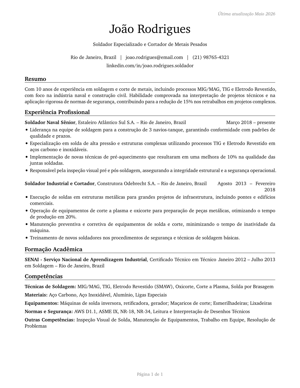Welders, Cutters, Solderers, and Brazers CV in Portuguese — page 1