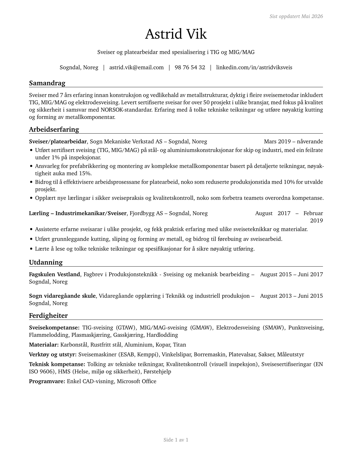 Welders, Cutters, Solderers, and Brazers CV in Norwegian_nynorsk — page 1