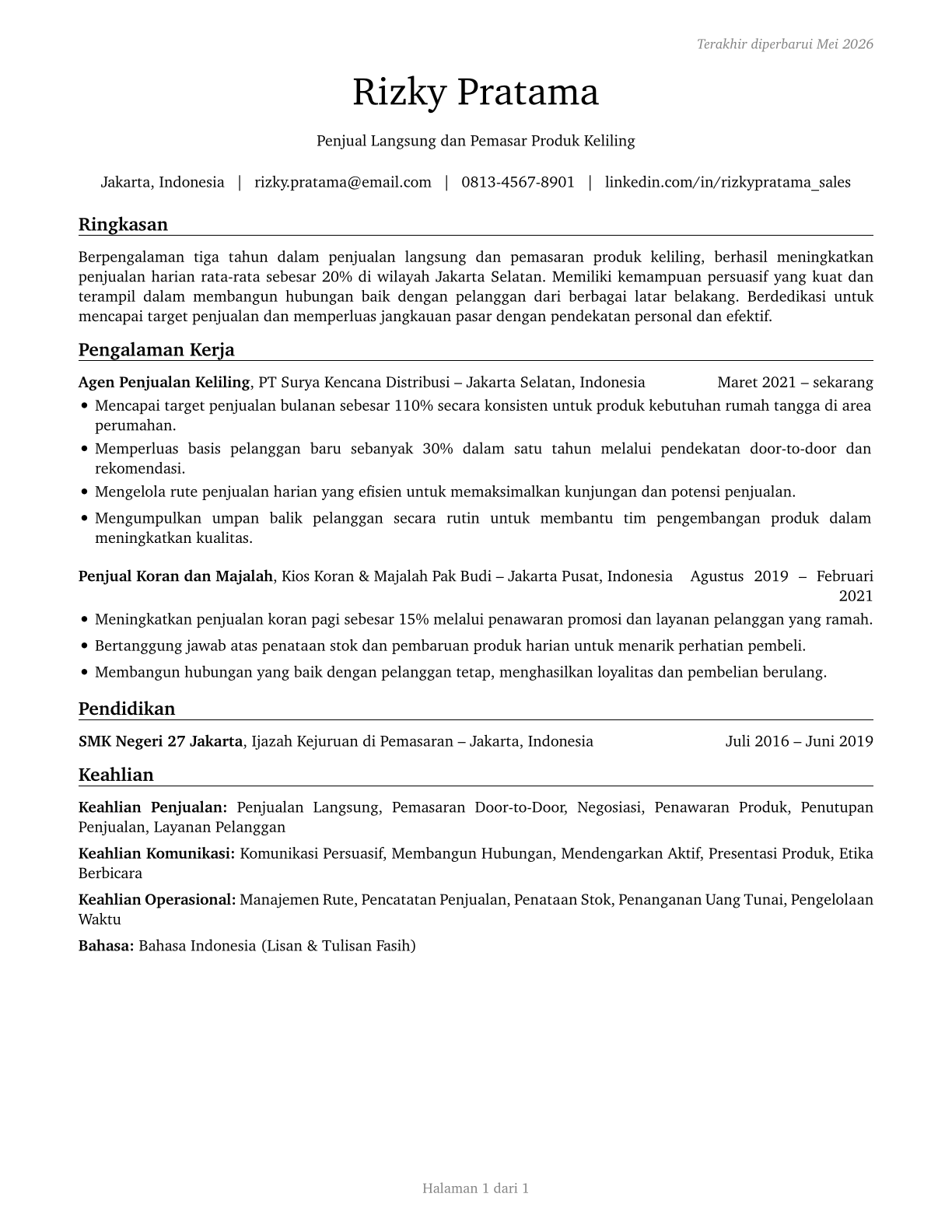Door-to-Door Sales Workers, News and Street Vendors, and Related Workers CV in Indonesian — page 1