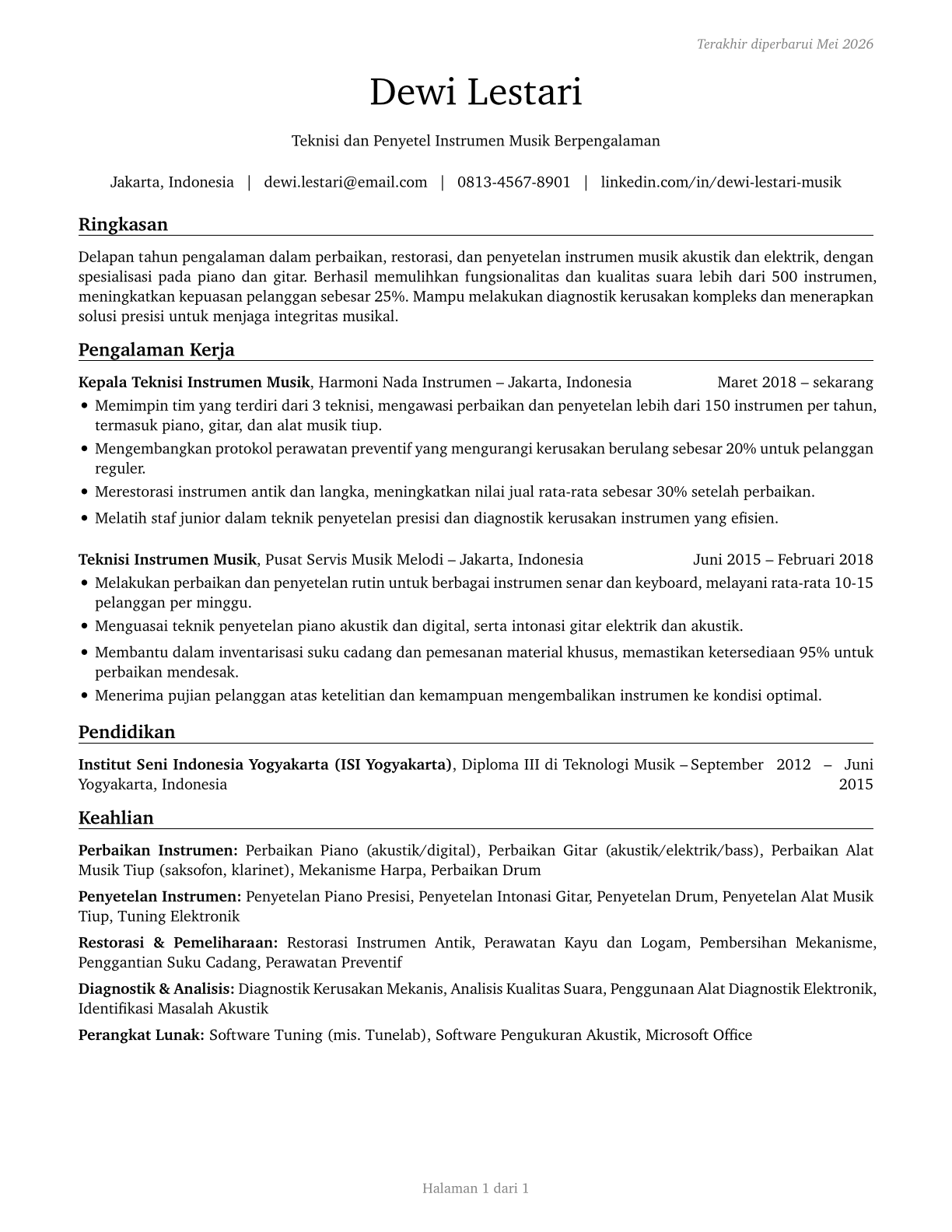 Musical Instrument Repairers and Tuners CV in Indonesian — page 1