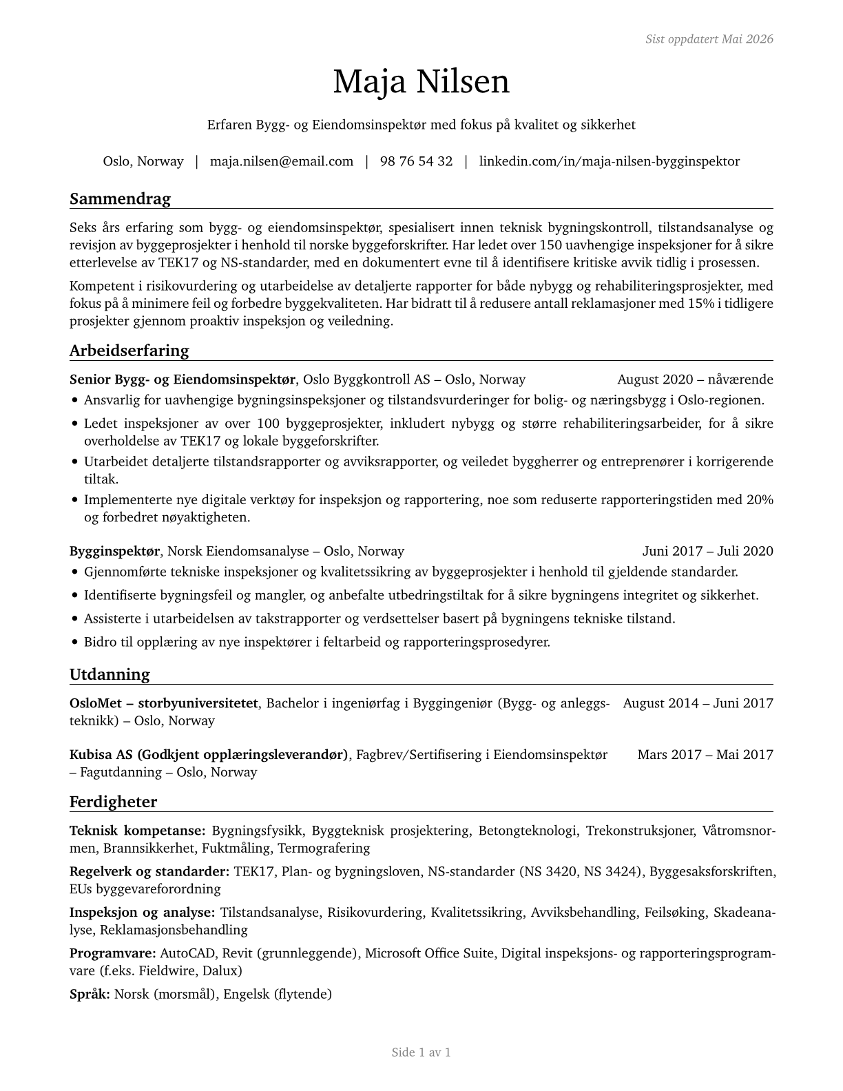Construction and Building Inspectors CV in Norwegian_bokmal — page 1