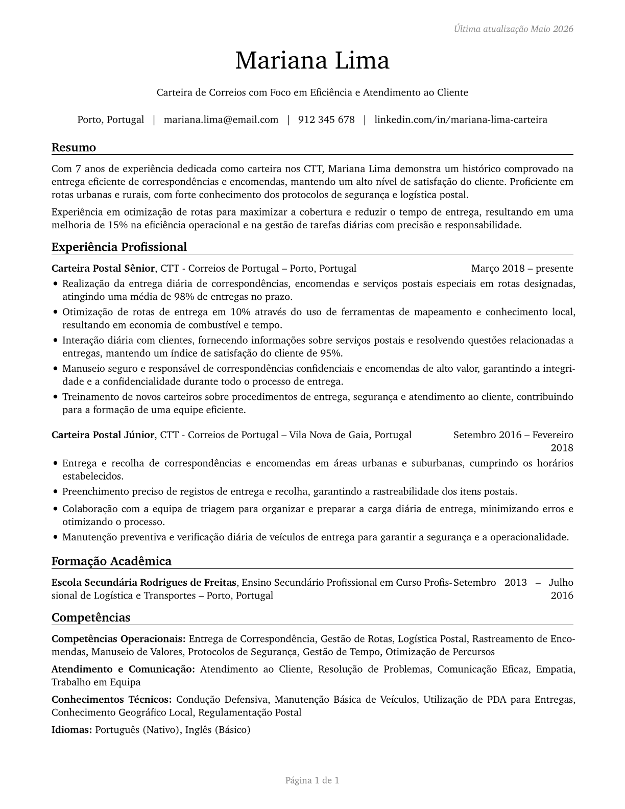 Postal Service Mail Carriers CV in Portuguese — page 1