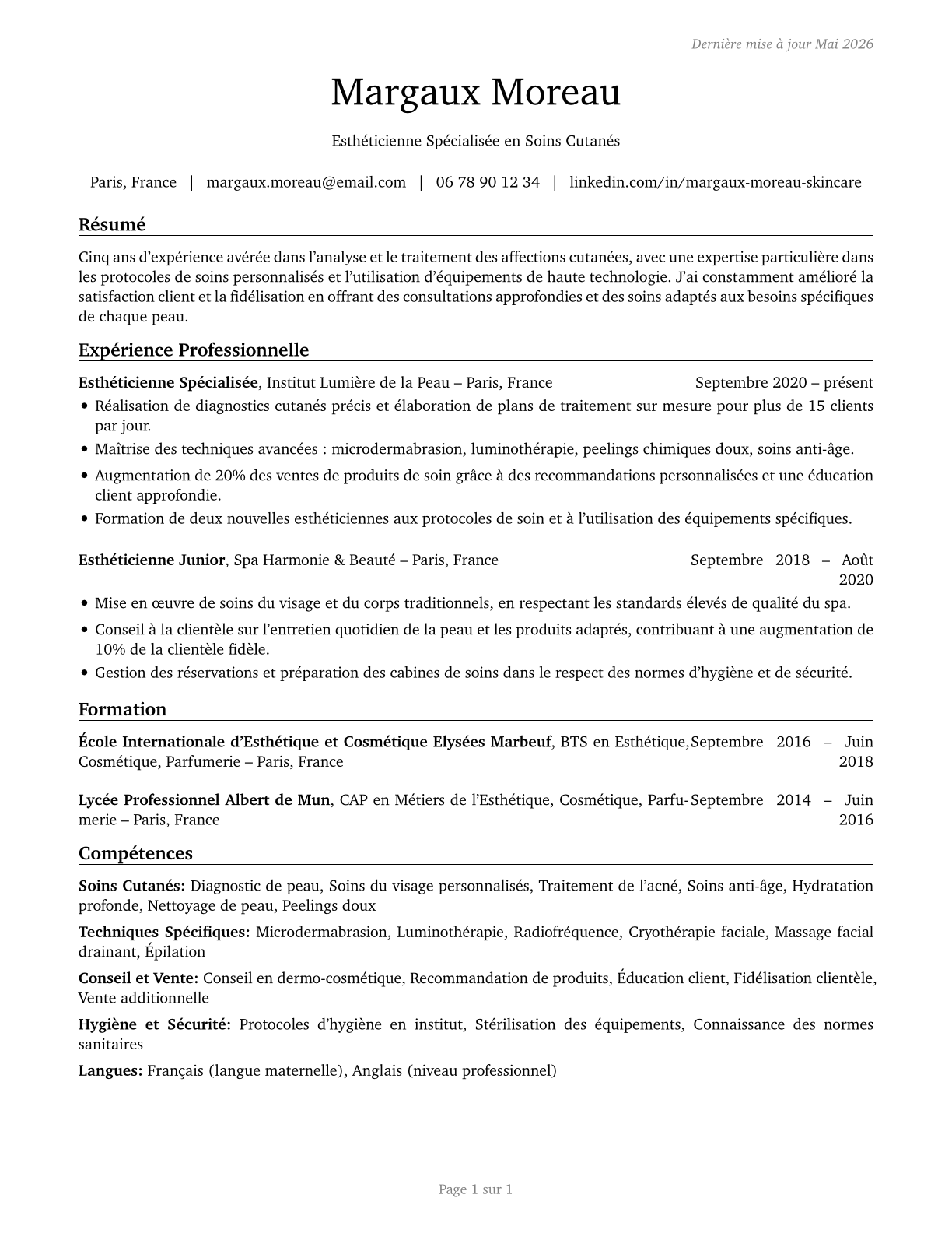 Skincare Specialists CV in French — page 1