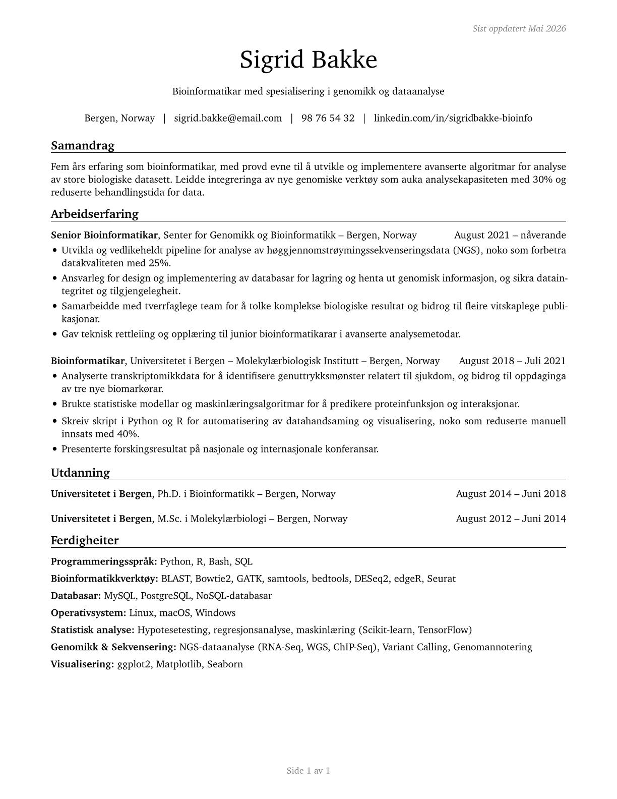 Bioinformatics Scientists CV in Norwegian_nynorsk — page 1