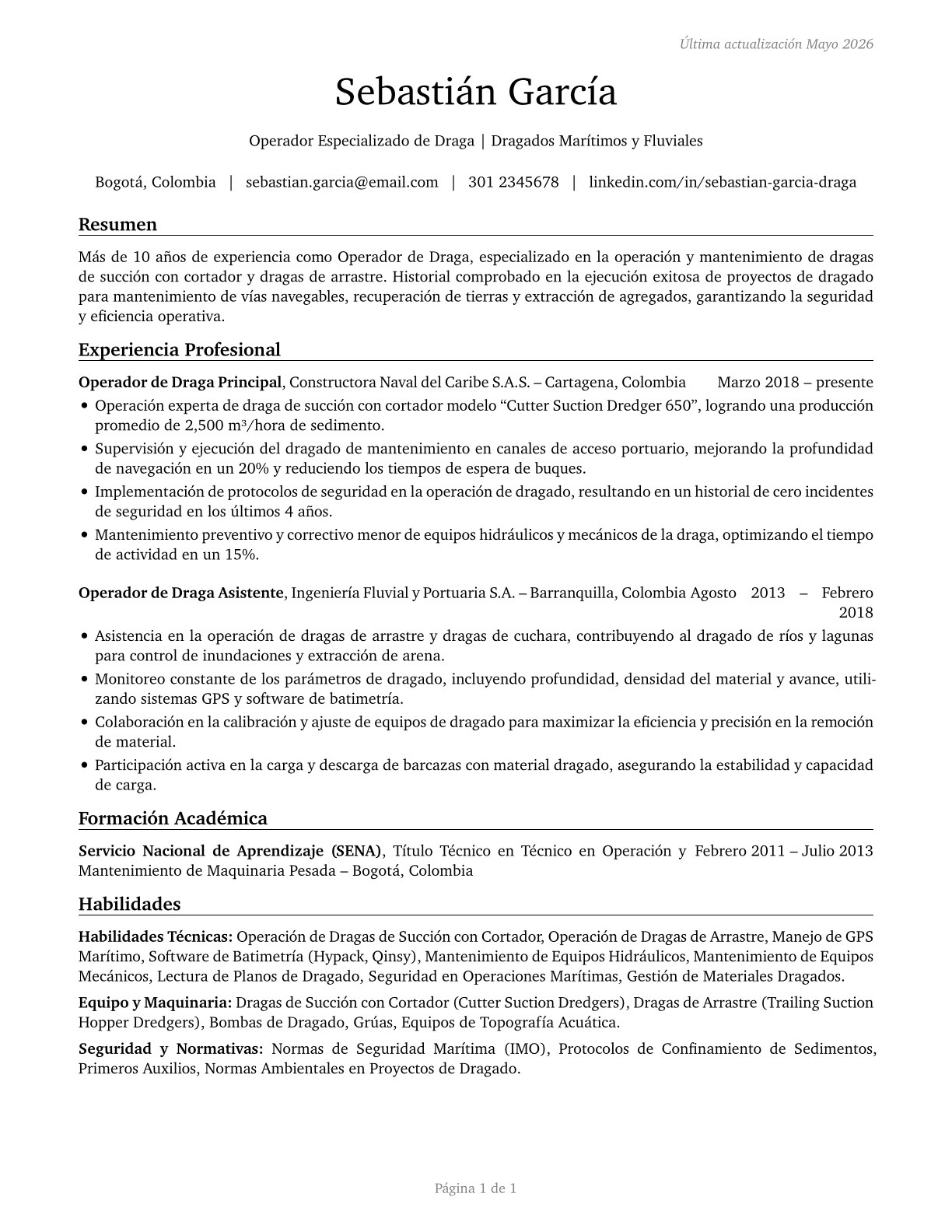 Dredge Operators CV in Spanish — page 1