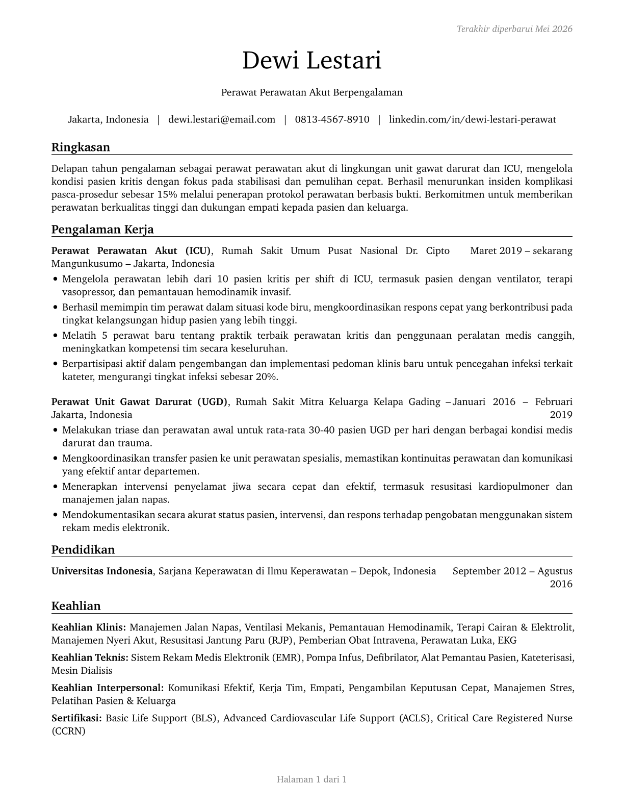 Acute Care Nurses CV in Indonesian — page 1