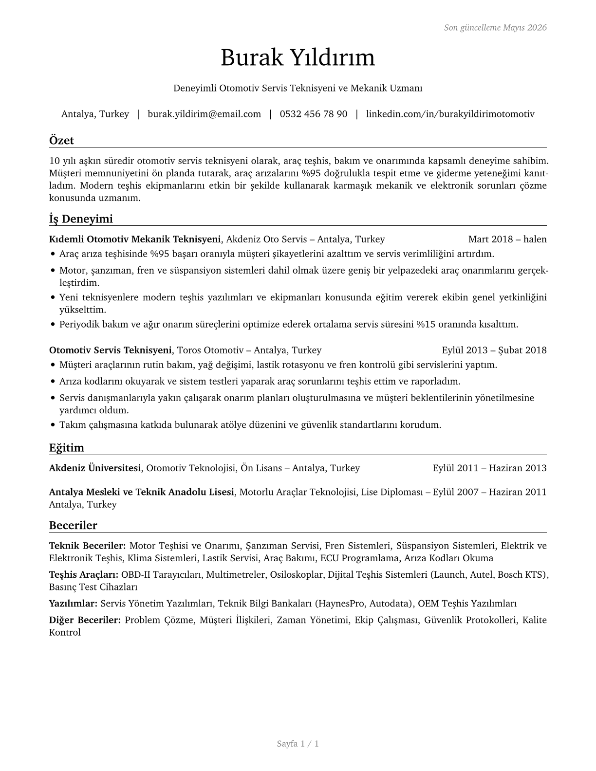 Automotive Service Technicians and Mechanics CV in Turkish — page 1