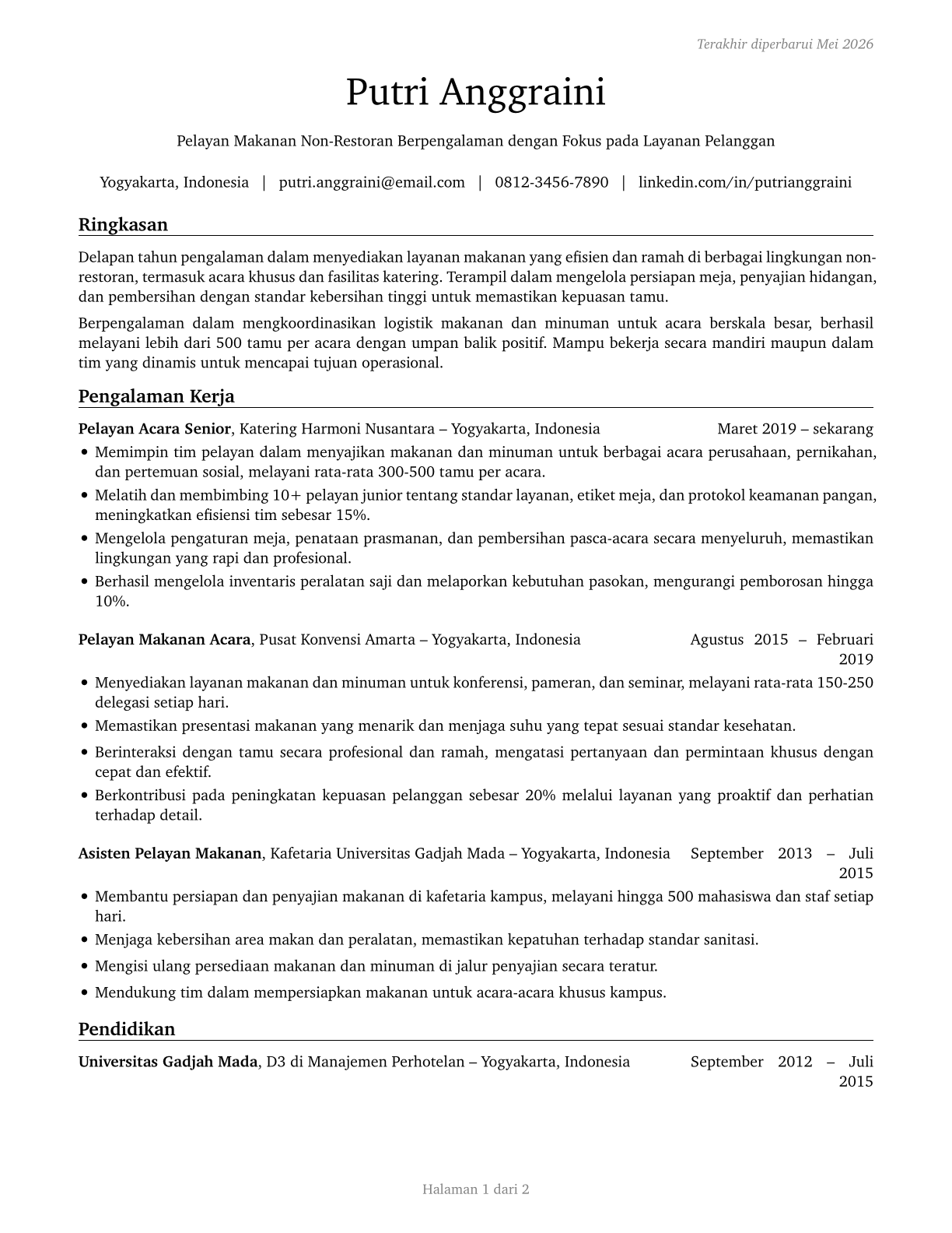 Food Servers, Nonrestaurant CV in Indonesian — page 1