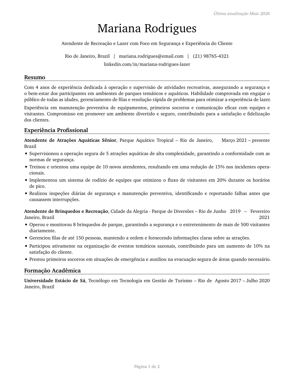 Amusement and Recreation Attendants CV in Portuguese — page 1