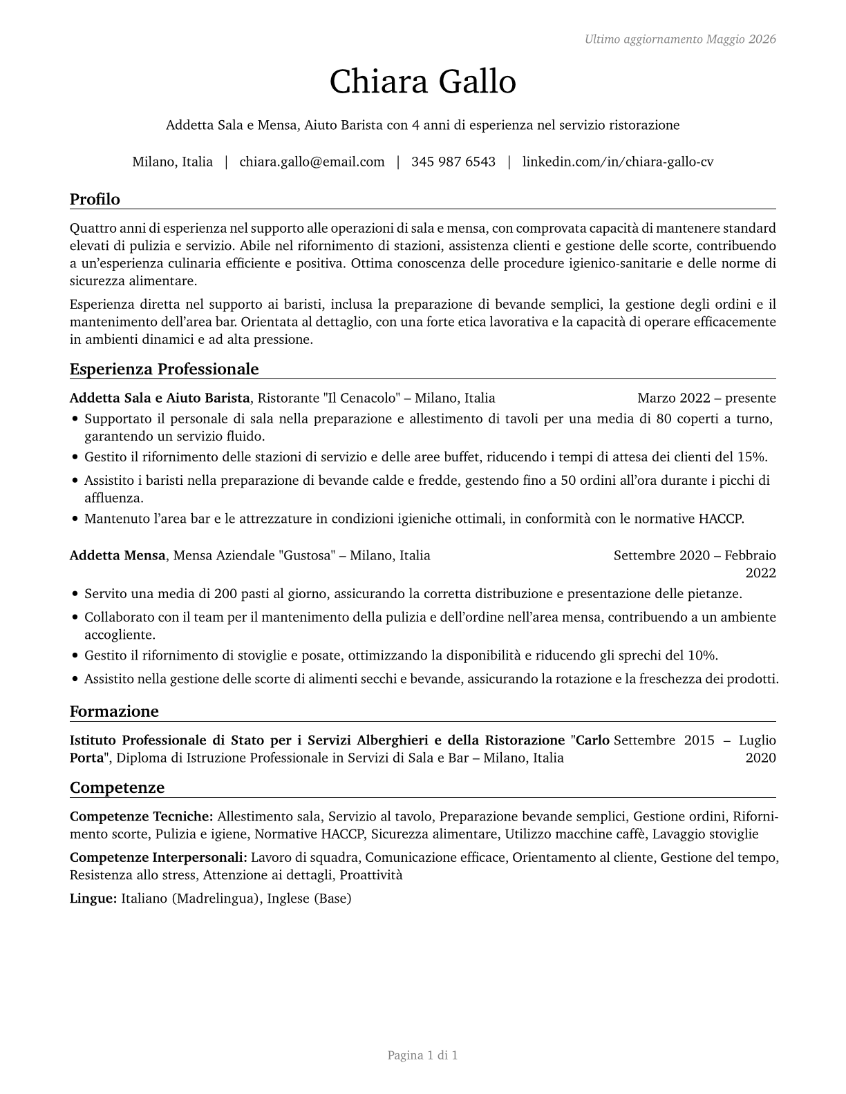Dining Room and Cafeteria Attendants and Bartender Helpers CV in Italian — page 1