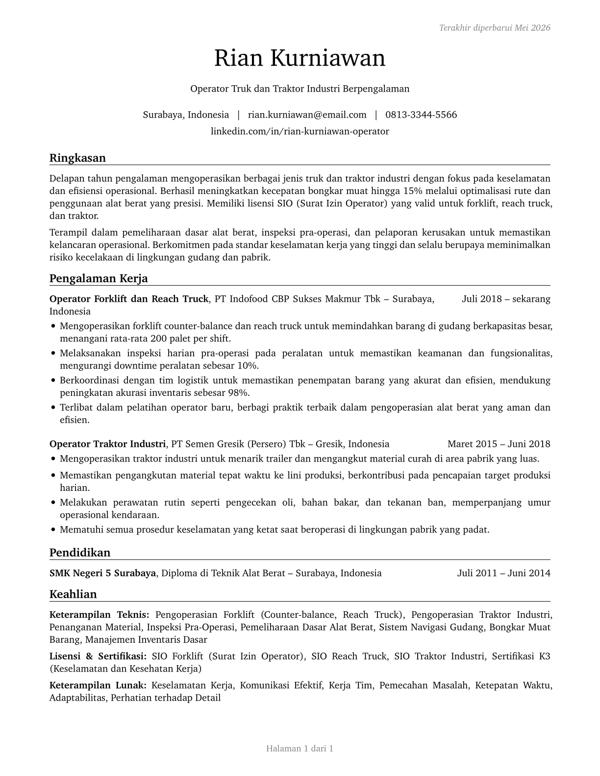 Industrial Truck and Tractor Operators CV in Indonesian — page 1