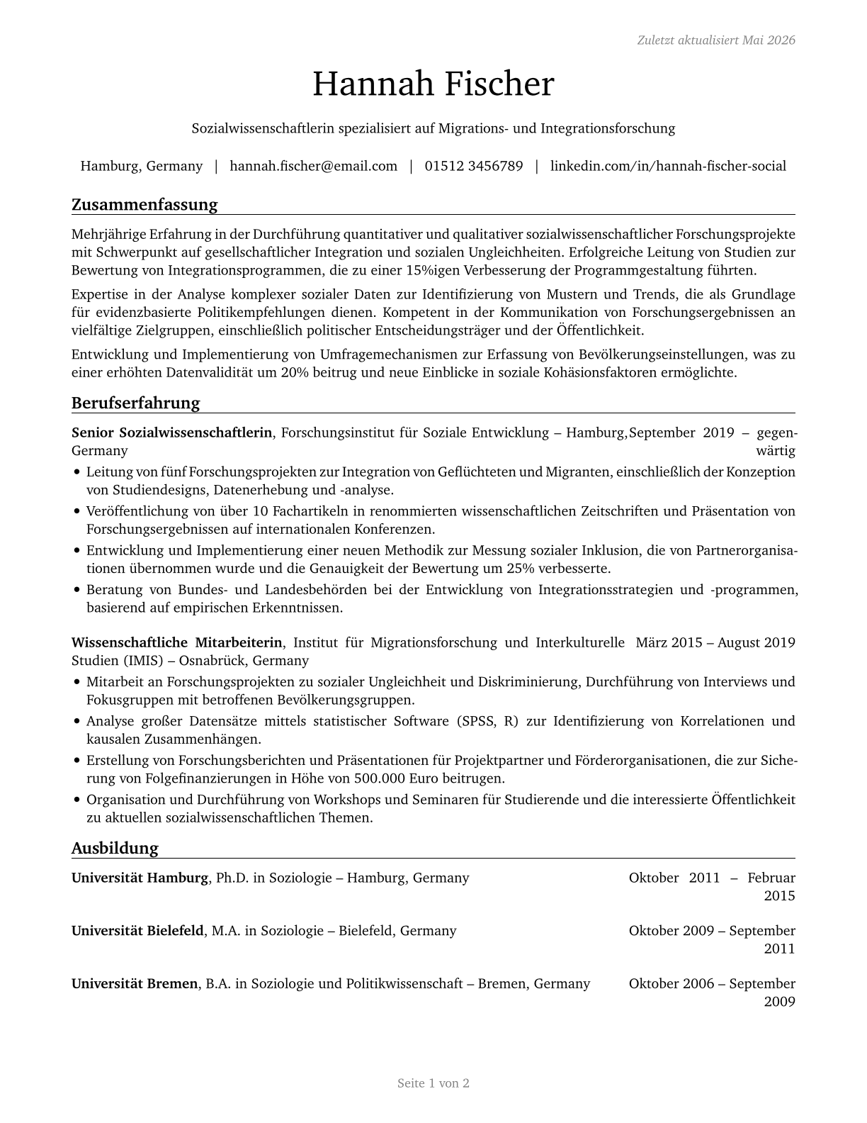 Social Scientists and Related Workers, All Other CV in German — page 1