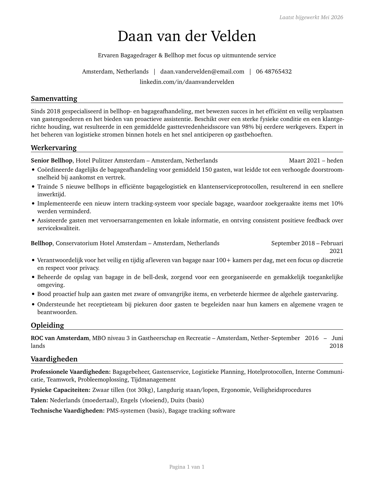 Baggage Porters and Bellhops CV in Dutch — page 1