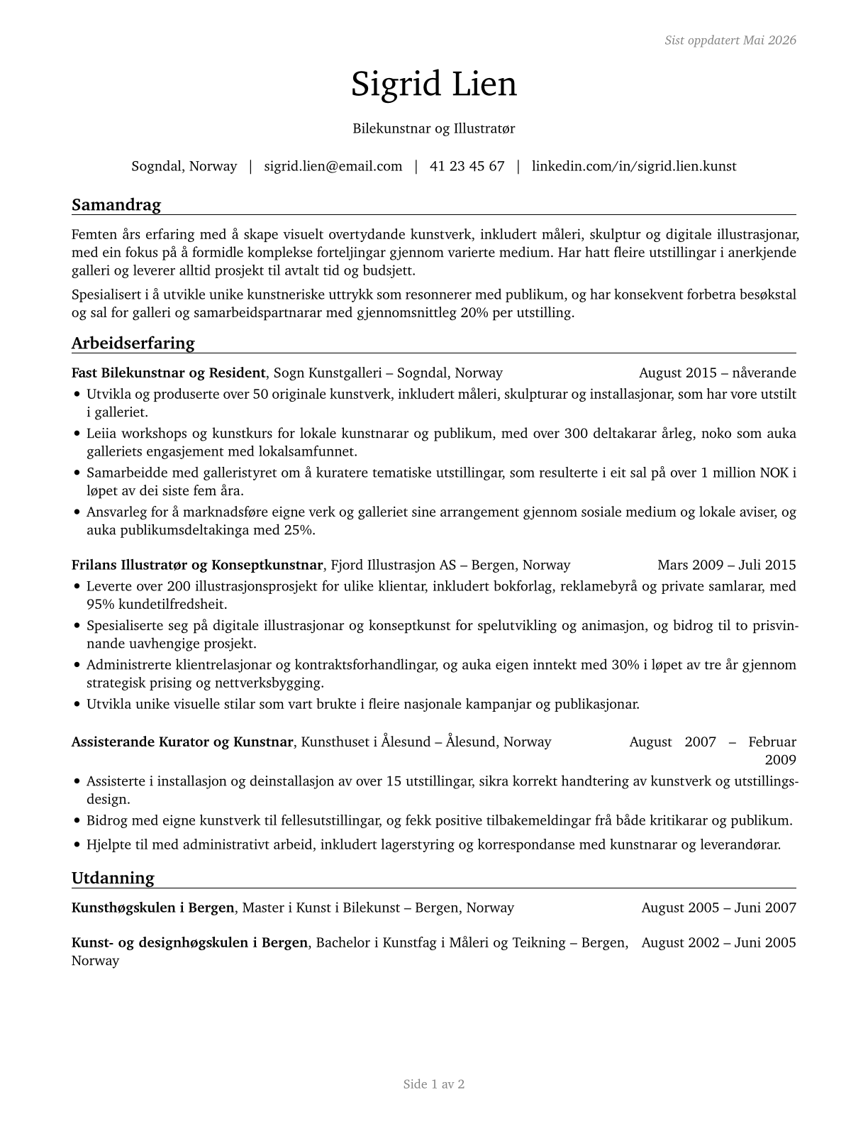 Fine Artists, Including Painters, Sculptors, and Illustrators CV in Norwegian_nynorsk — page 1