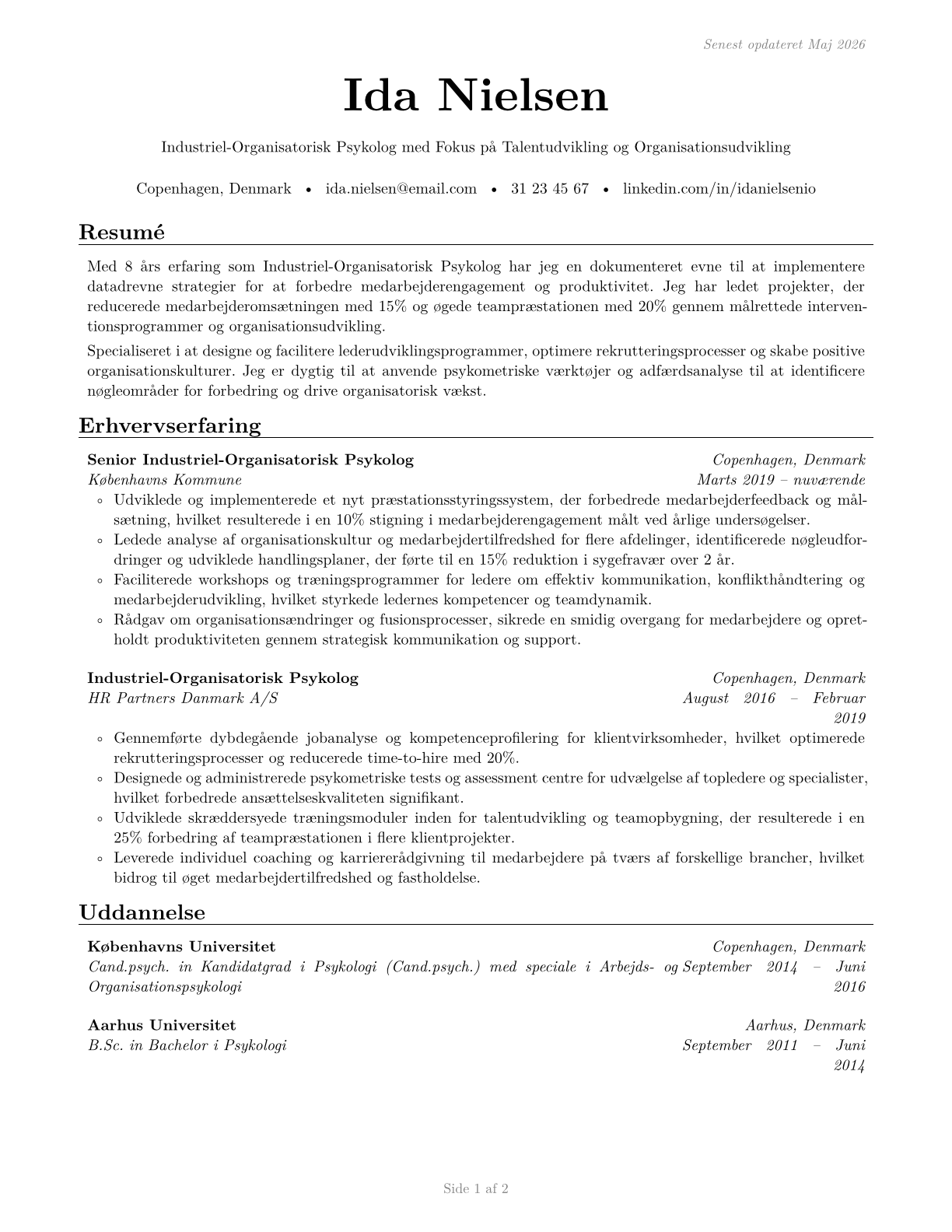 Industrial-Organizational Psychologists CV in Danish — page 1