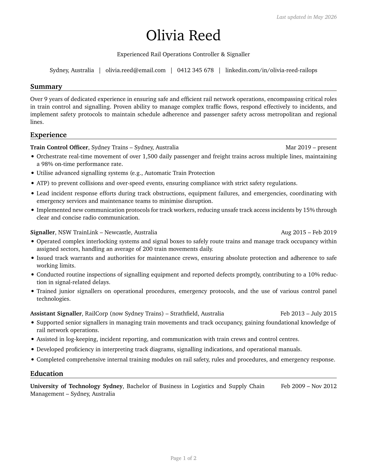 Rail Transportation Workers, All Other CV in English — page 1