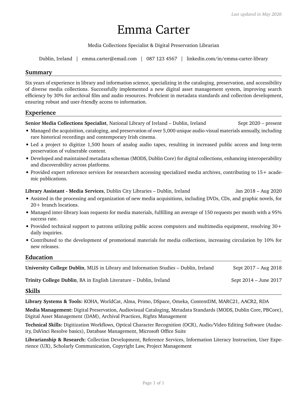 Librarians and Media Collections Specialists CV in English — page 1