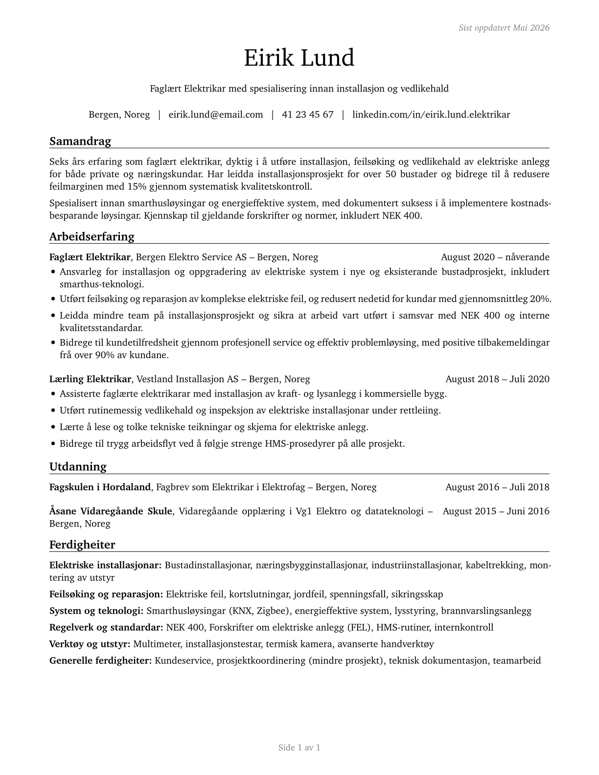 Electricians CV in Norwegian_nynorsk — page 1
