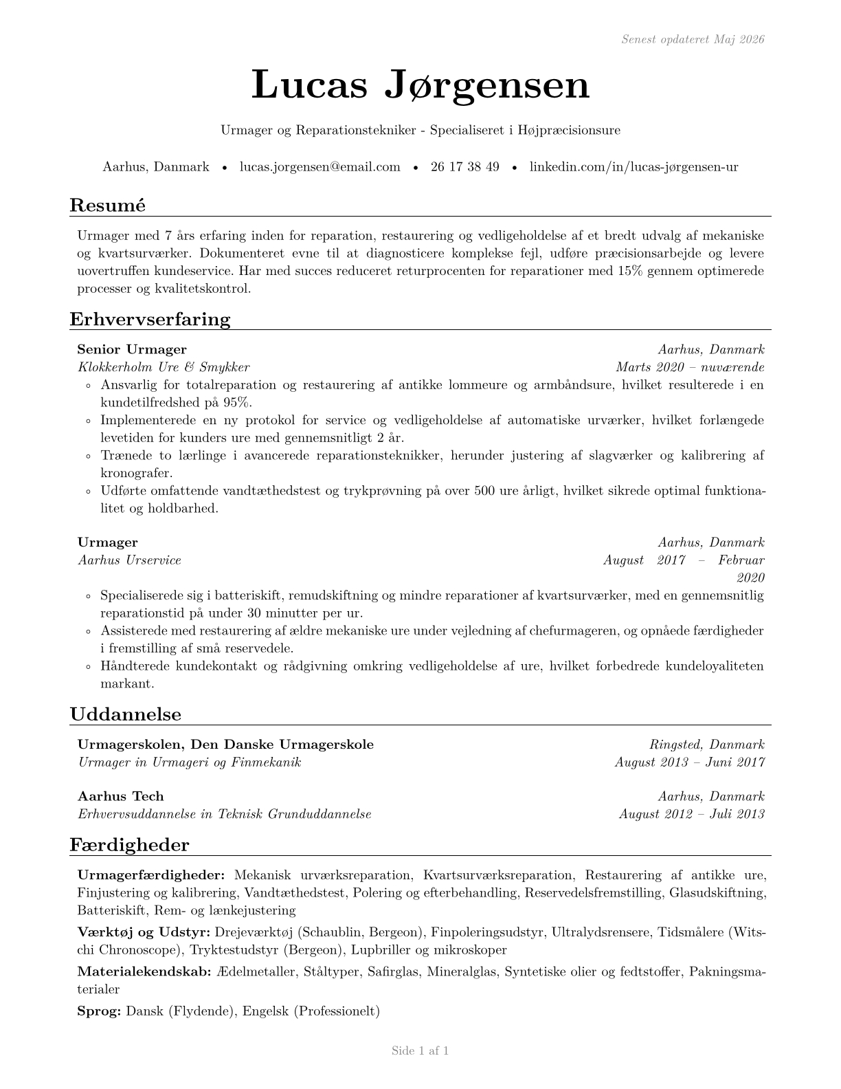 Watch and Clock Repairers CV in Danish — page 1