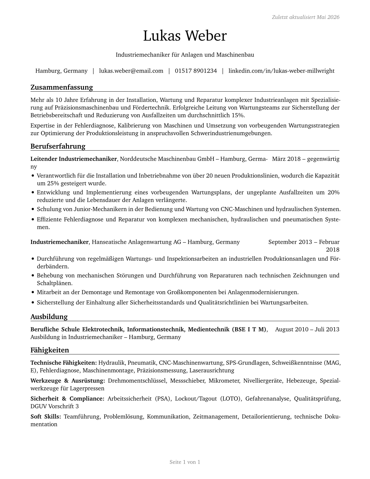 Millwrights CV in German — page 1