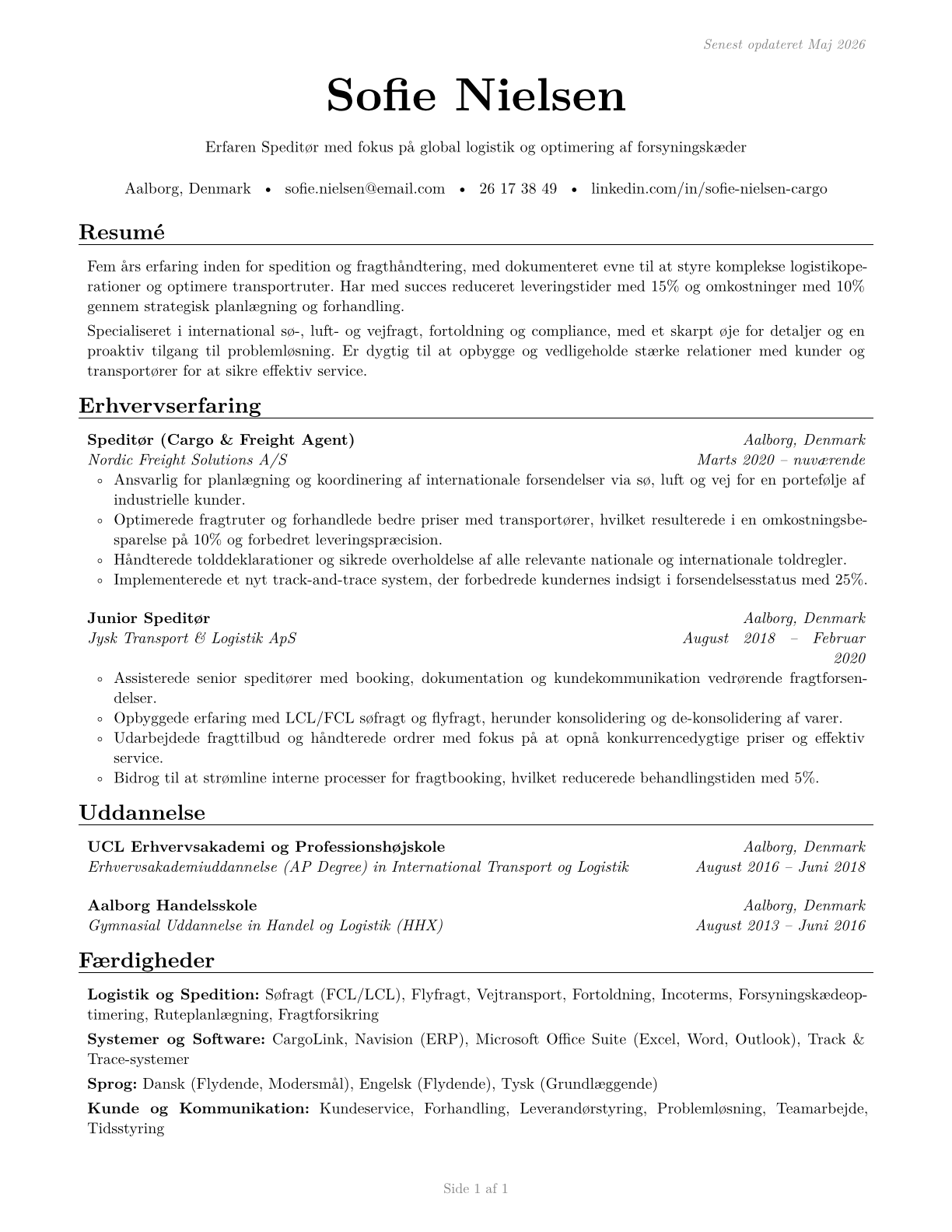 Cargo and Freight Agents CV in Danish — page 1