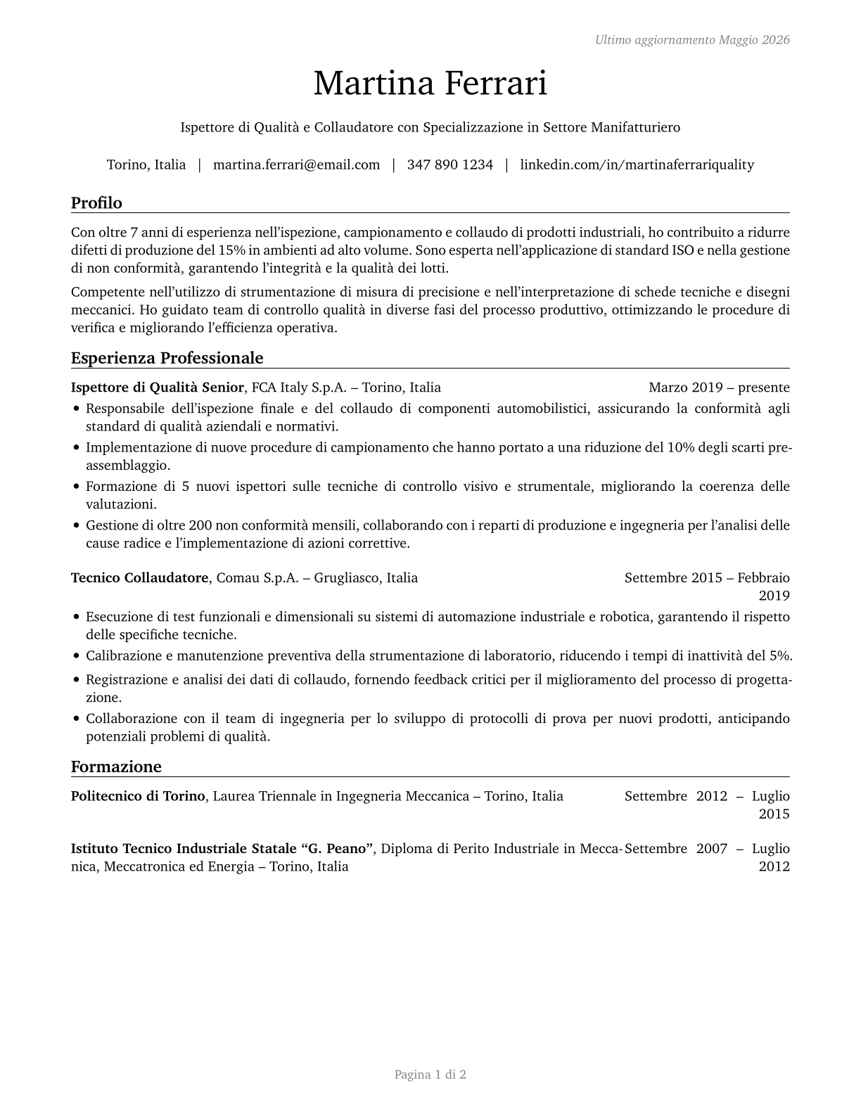 Inspectors, Testers, Sorters, Samplers, and Weighers CV in Italian — page 1