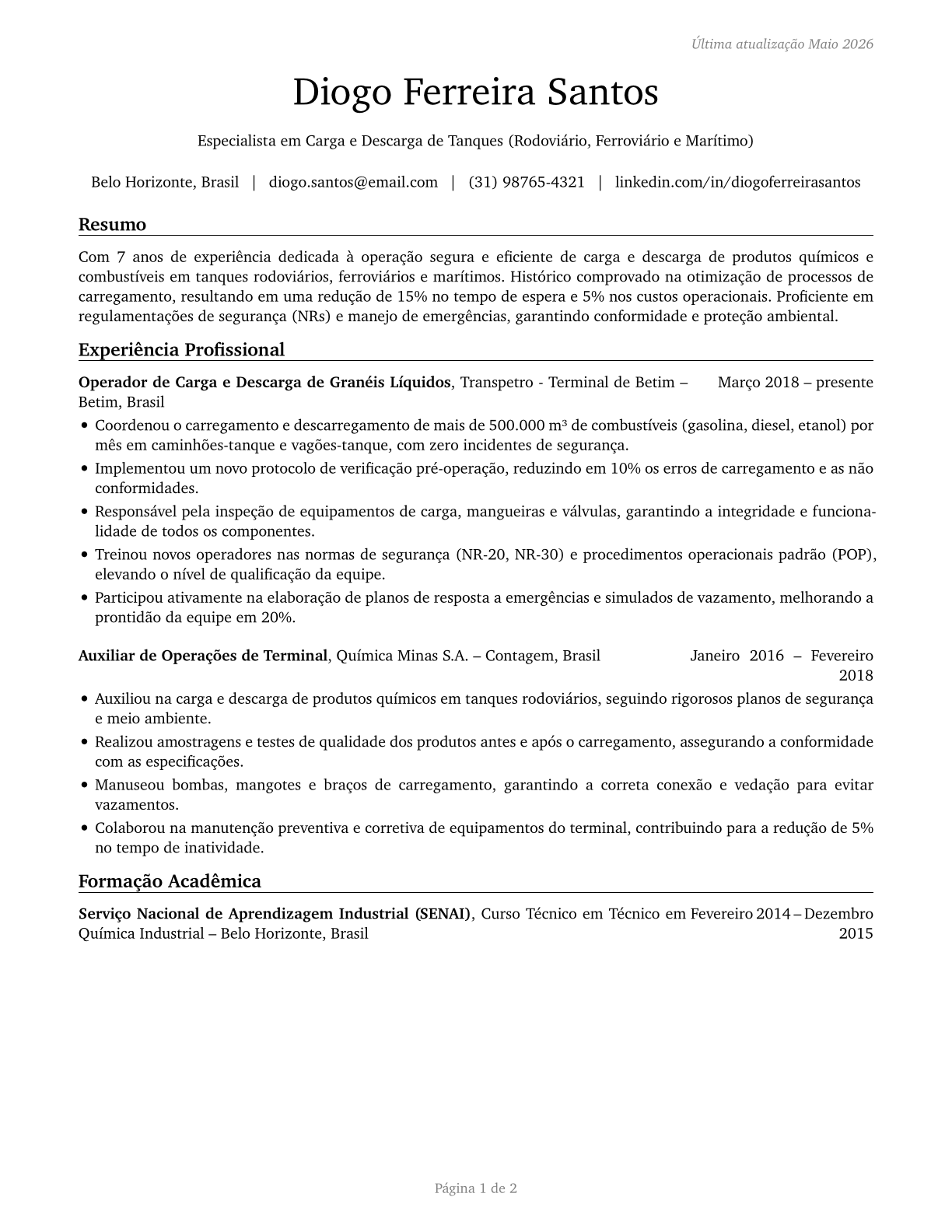 Tank Car, Truck, and Ship Loaders CV in Portuguese — page 1