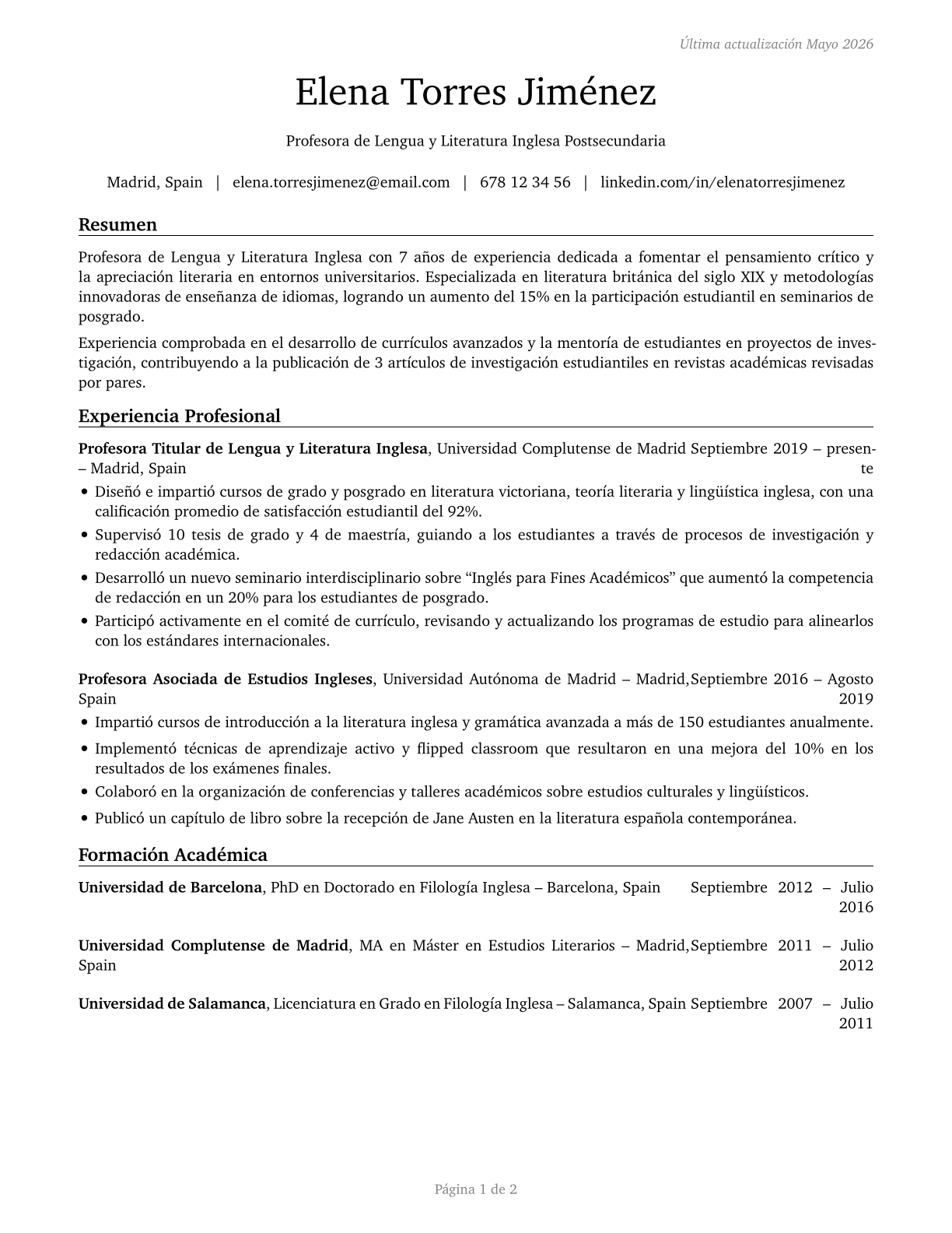 English Language and Literature Teachers, Postsecondary CV in Spanish — page 1