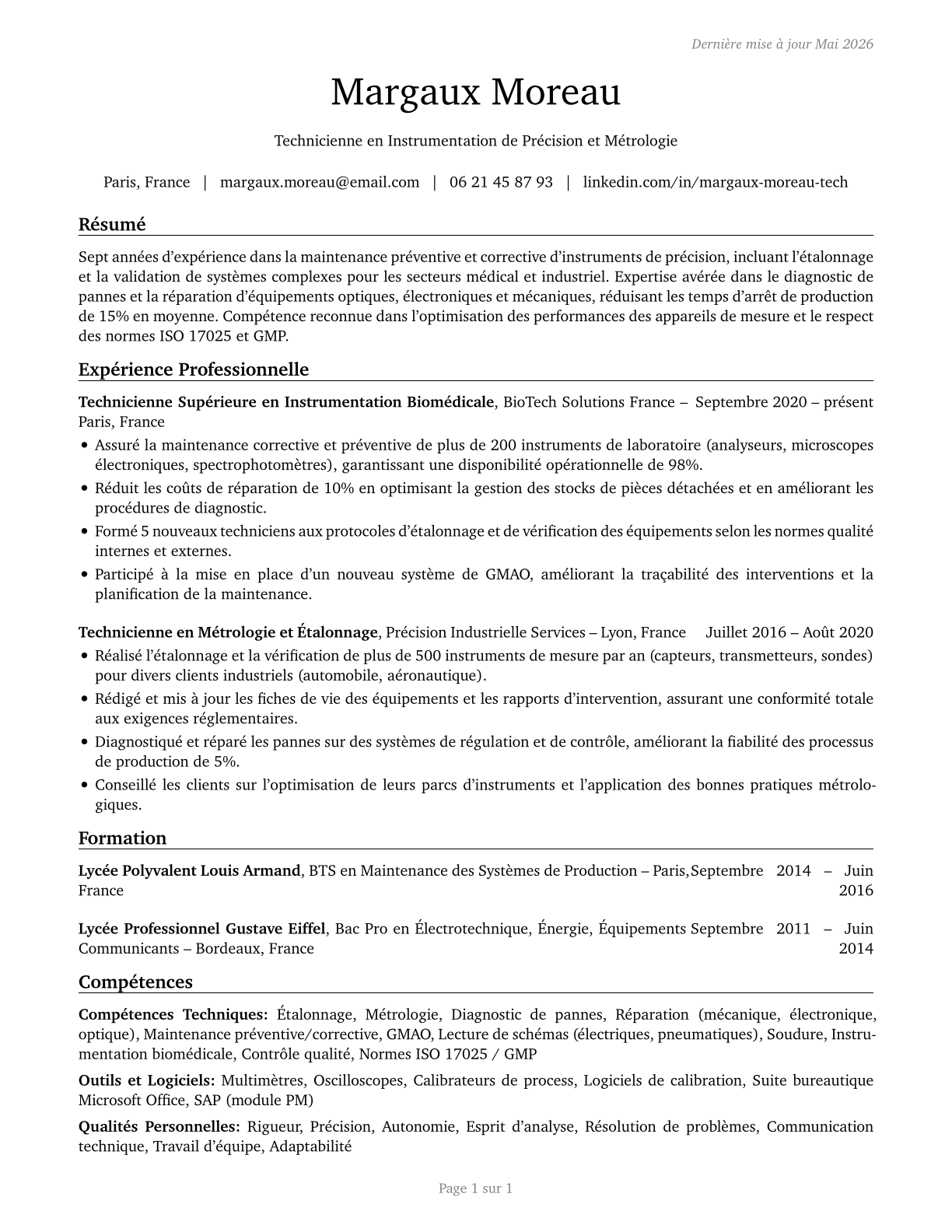 Precision Instrument and Equipment Repairers, All Other CV in French — page 1