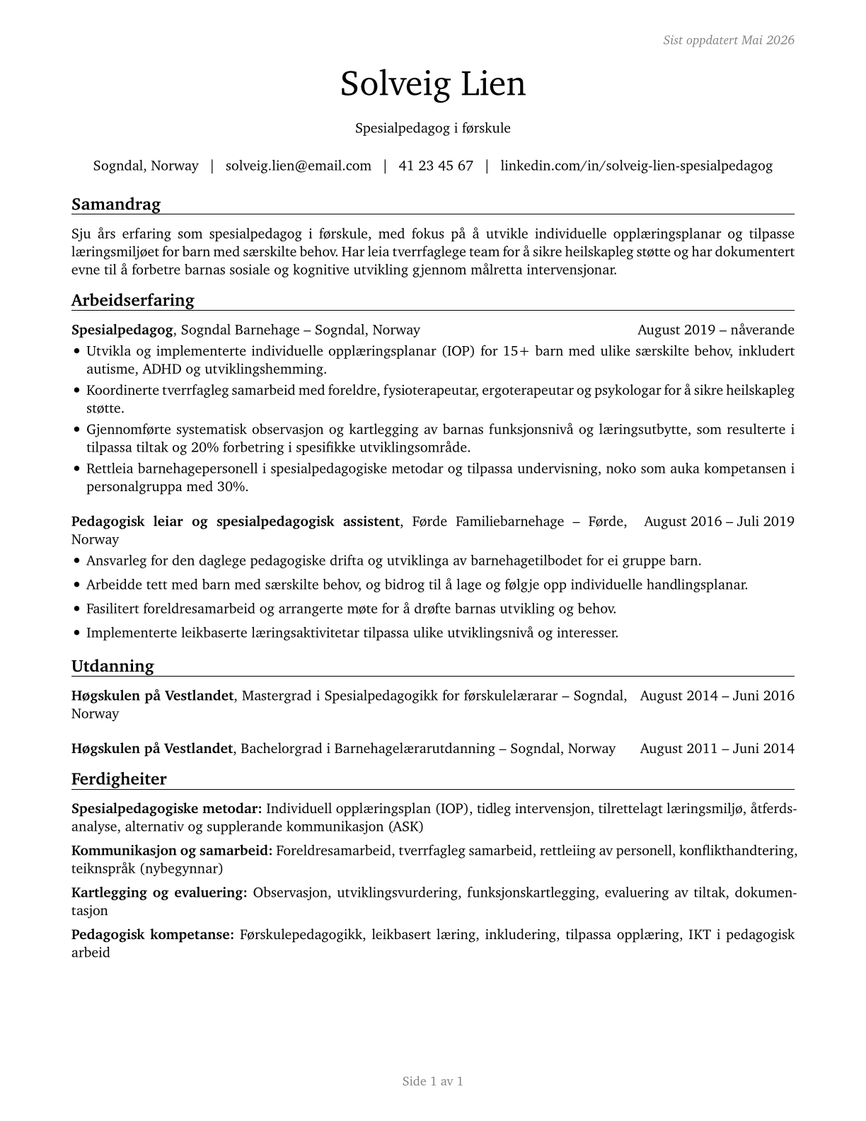 Special Education Teachers, Preschool CV in Norwegian_nynorsk — page 1