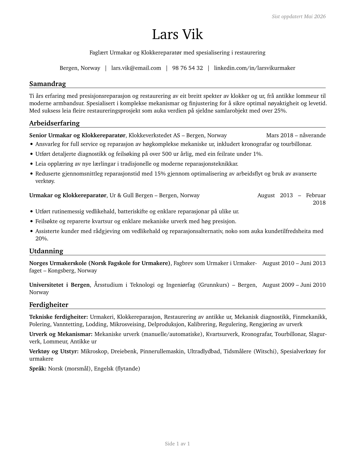 Watch and Clock Repairers CV in Norwegian_nynorsk — page 1
