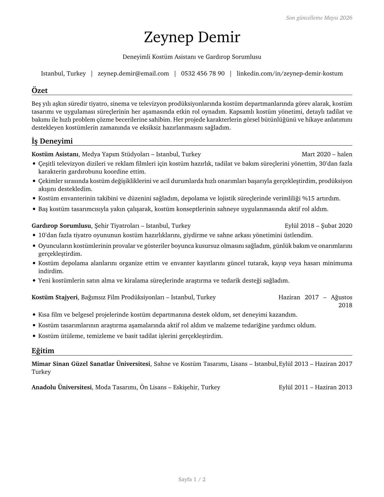 Costume Attendants CV in Turkish — page 1