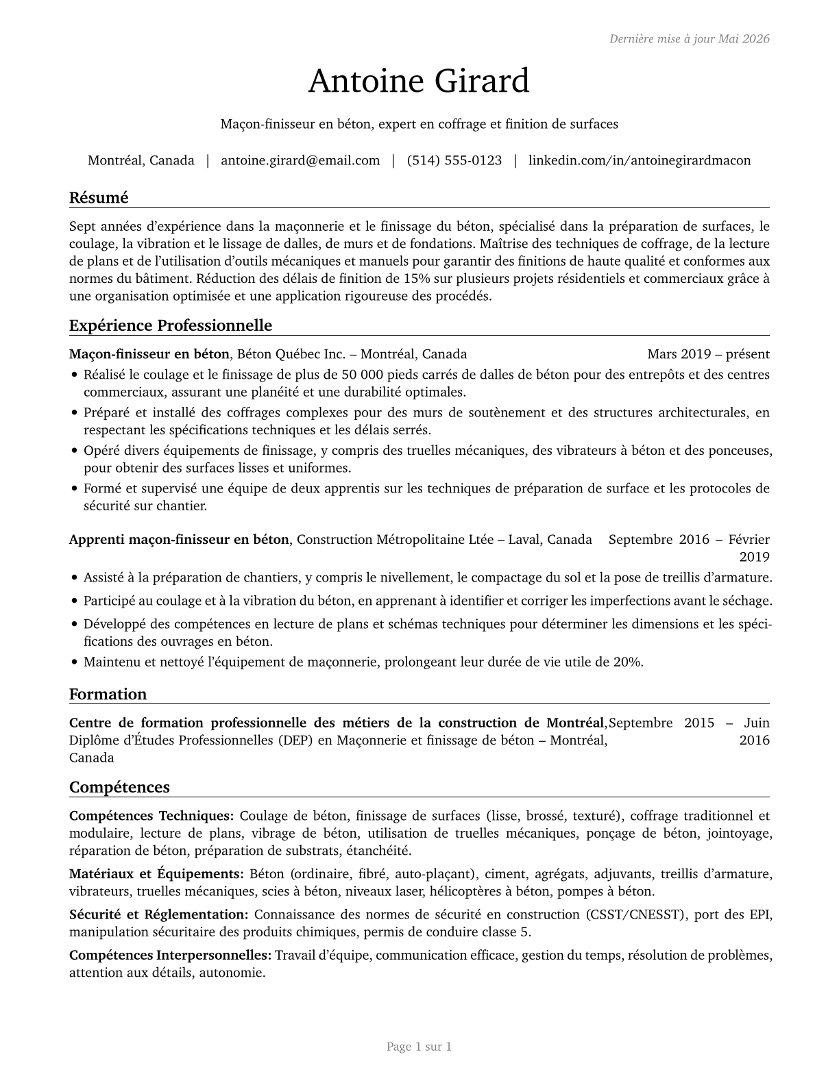Cement Masons and Concrete Finishers CV in French — page 1