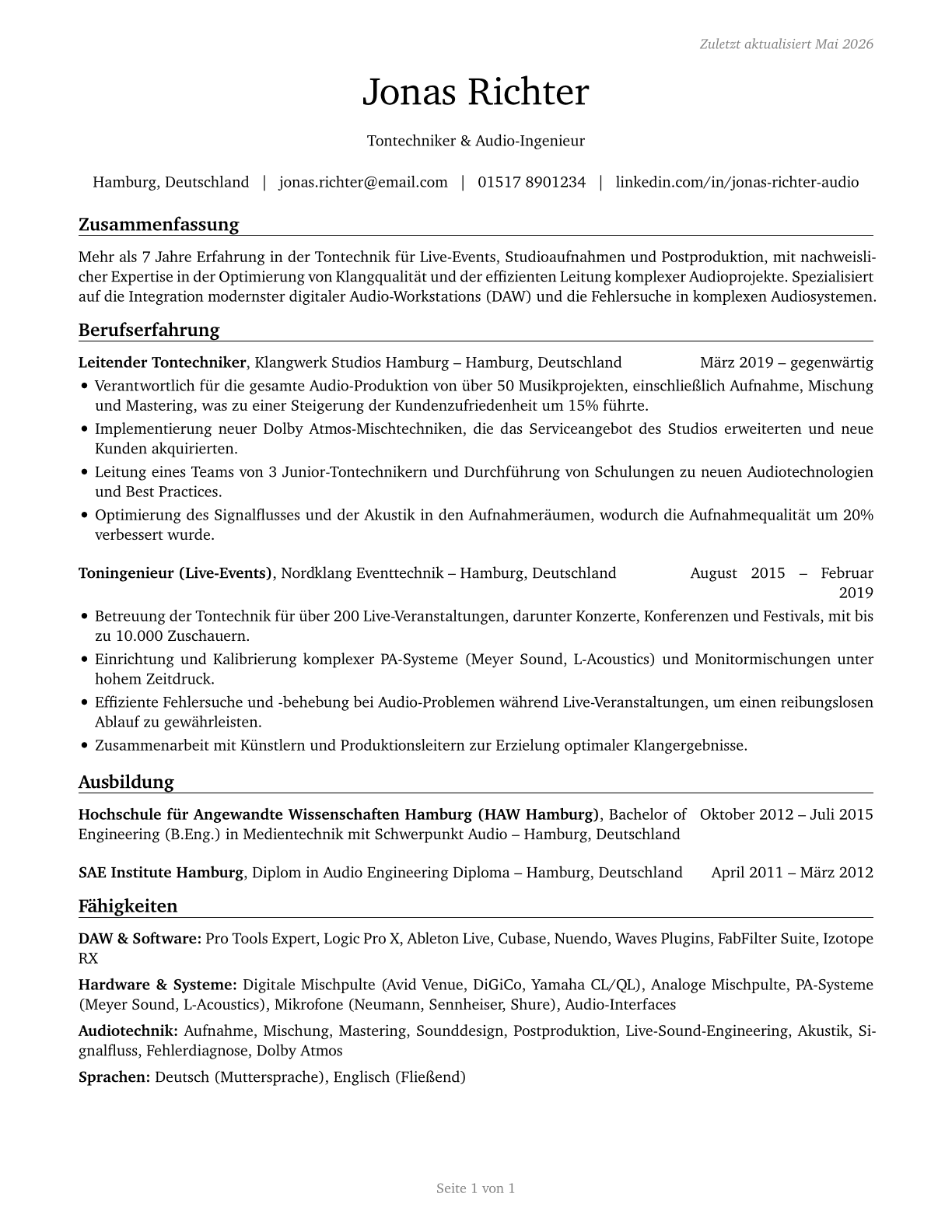Sound Engineering Technicians CV in German — page 1