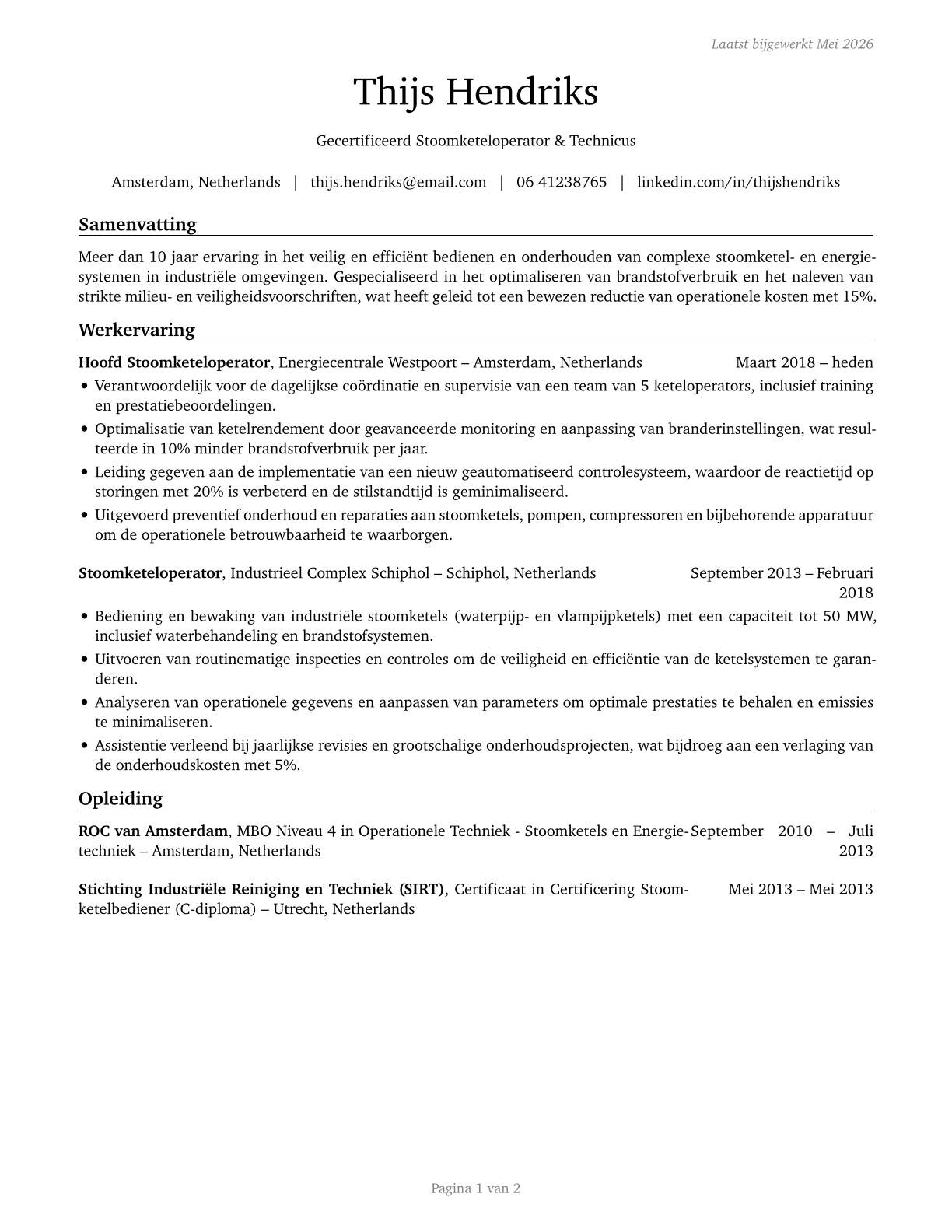 Stationary Engineers and Boiler Operators CV in Dutch — page 1