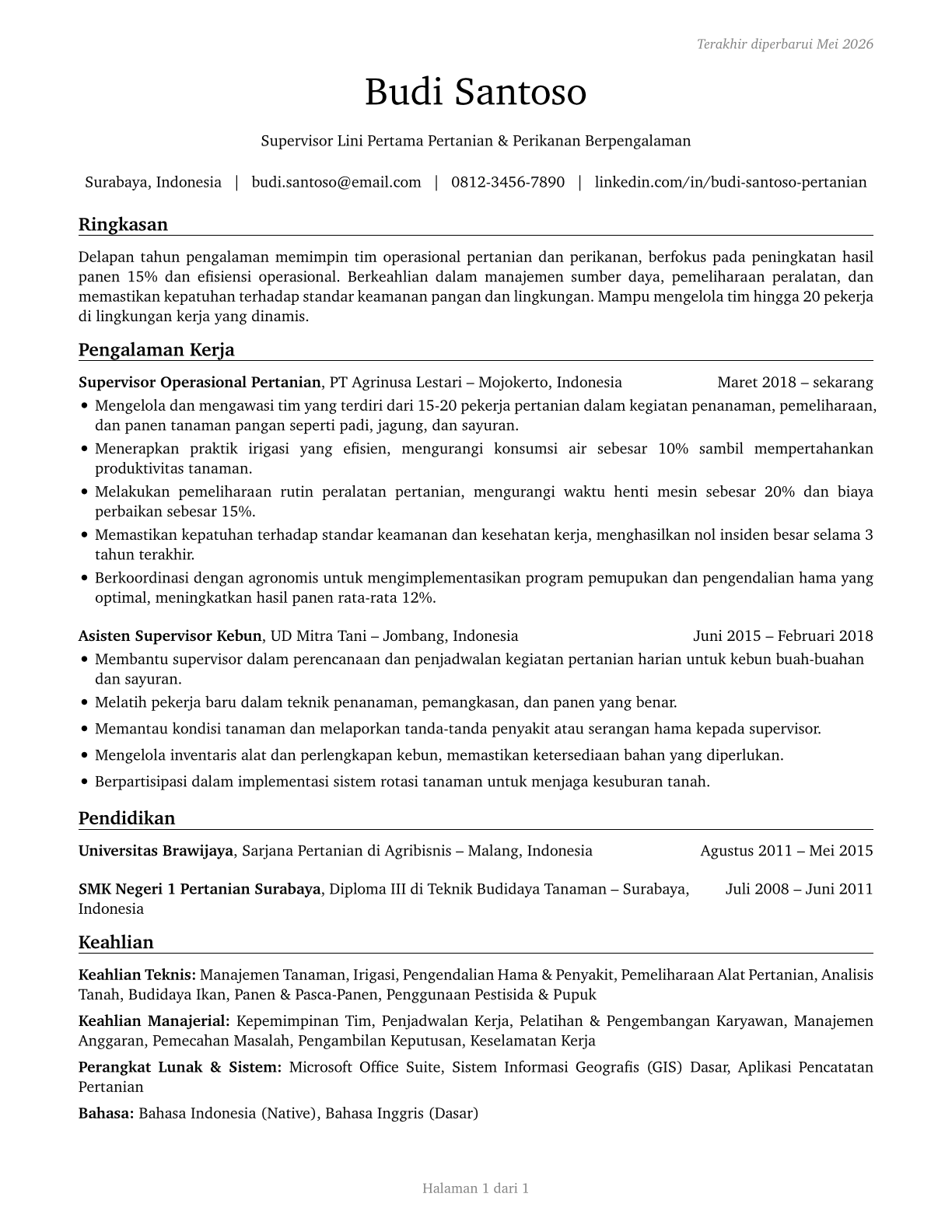 First-Line Supervisors of Farming, Fishing, and Forestry Workers CV in Indonesian — page 1