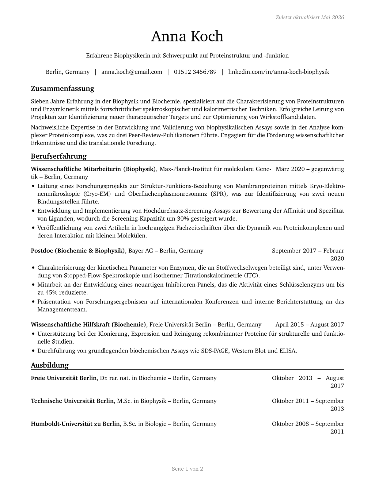 Biochemists and Biophysicists CV in German — page 1