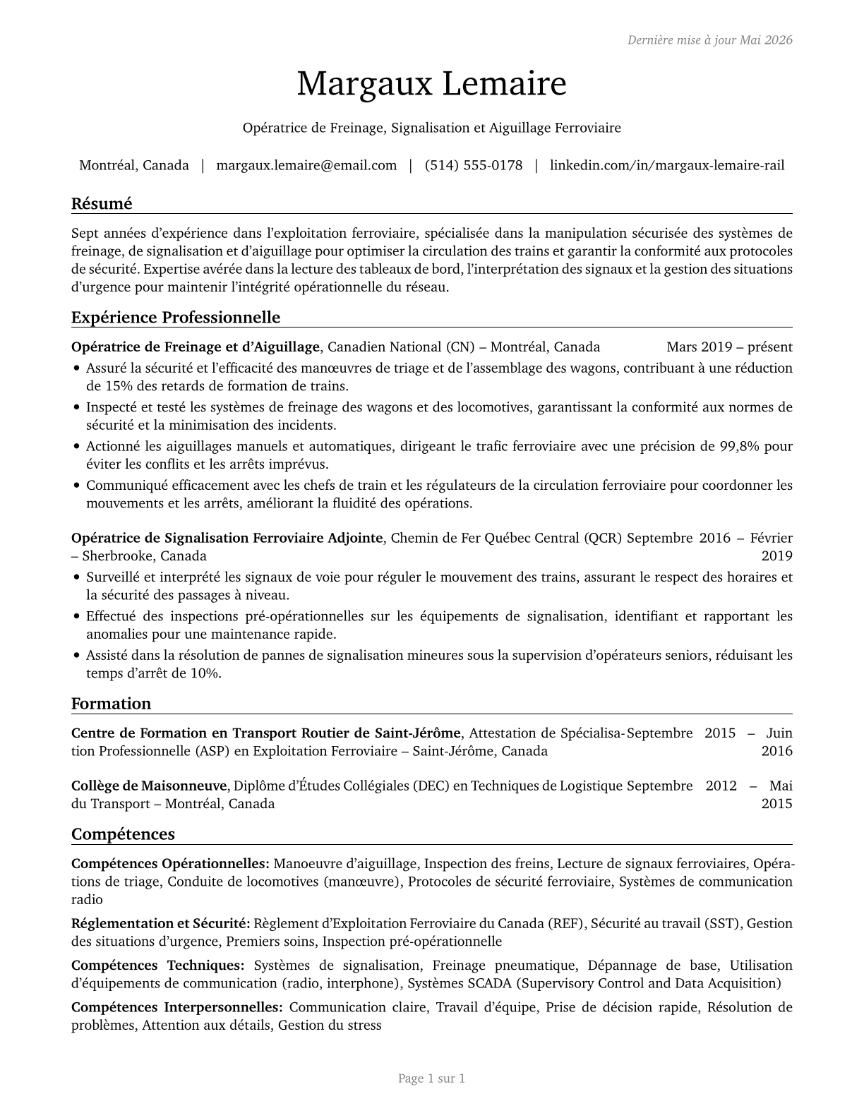 Railroad Brake, Signal, and Switch Operators and Locomotive Firers CV in French — page 1