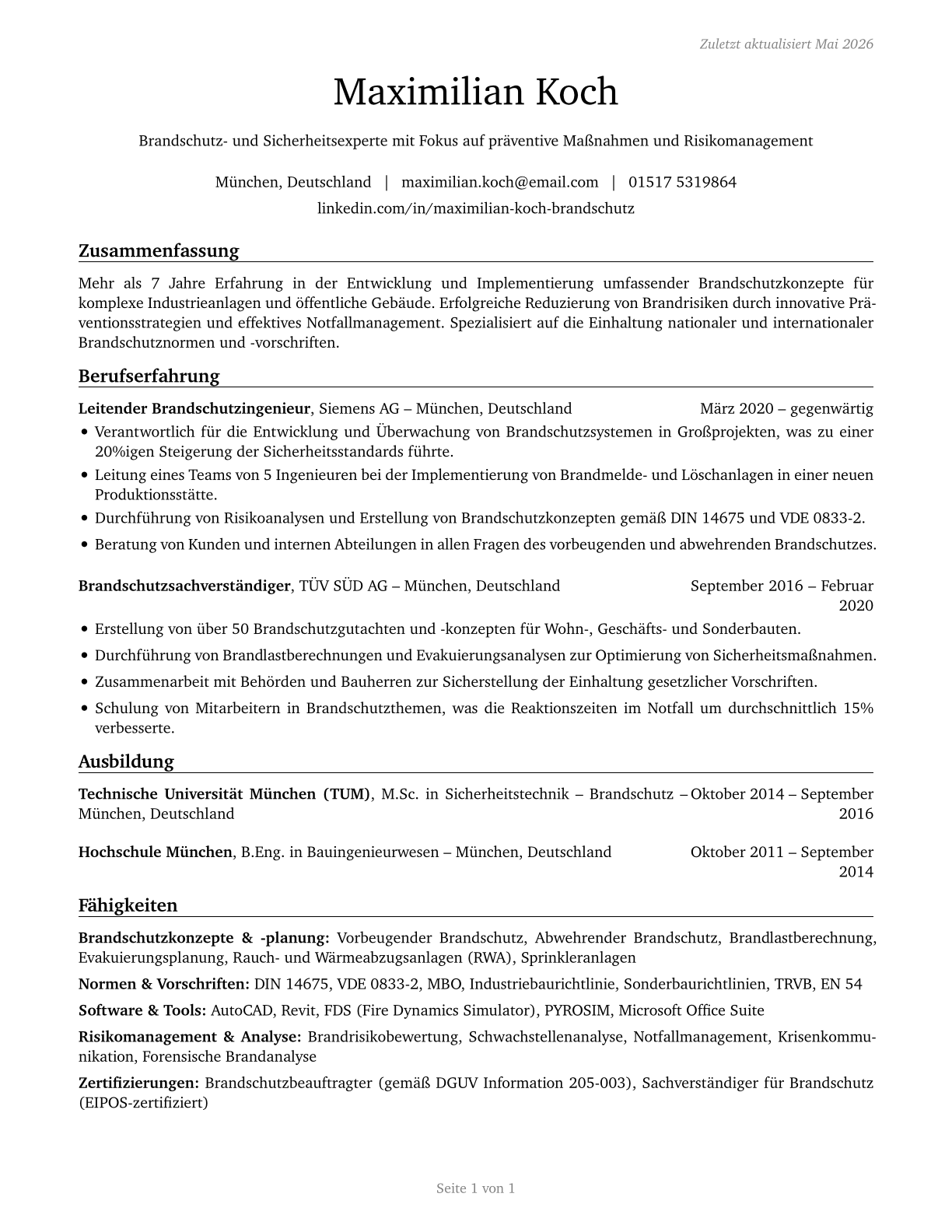 Fire-Prevention and Protection Engineers CV in German — page 1