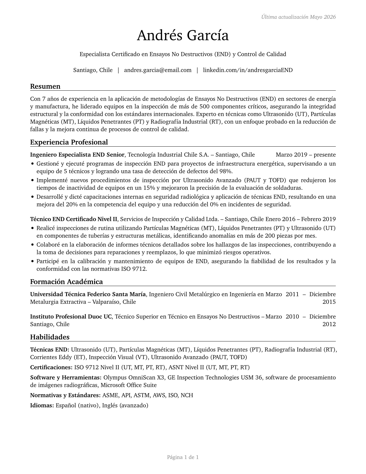 Non-Destructive Testing Specialists CV in Spanish — page 1