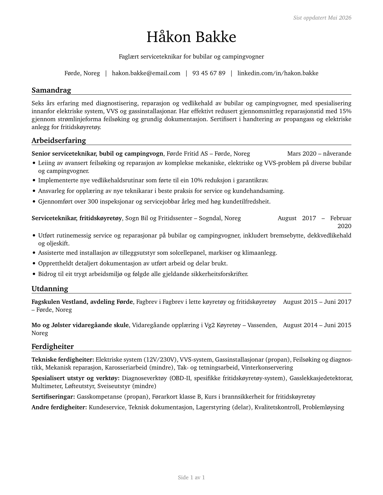 Recreational Vehicle Service Technicians CV in Norwegian_nynorsk — page 1