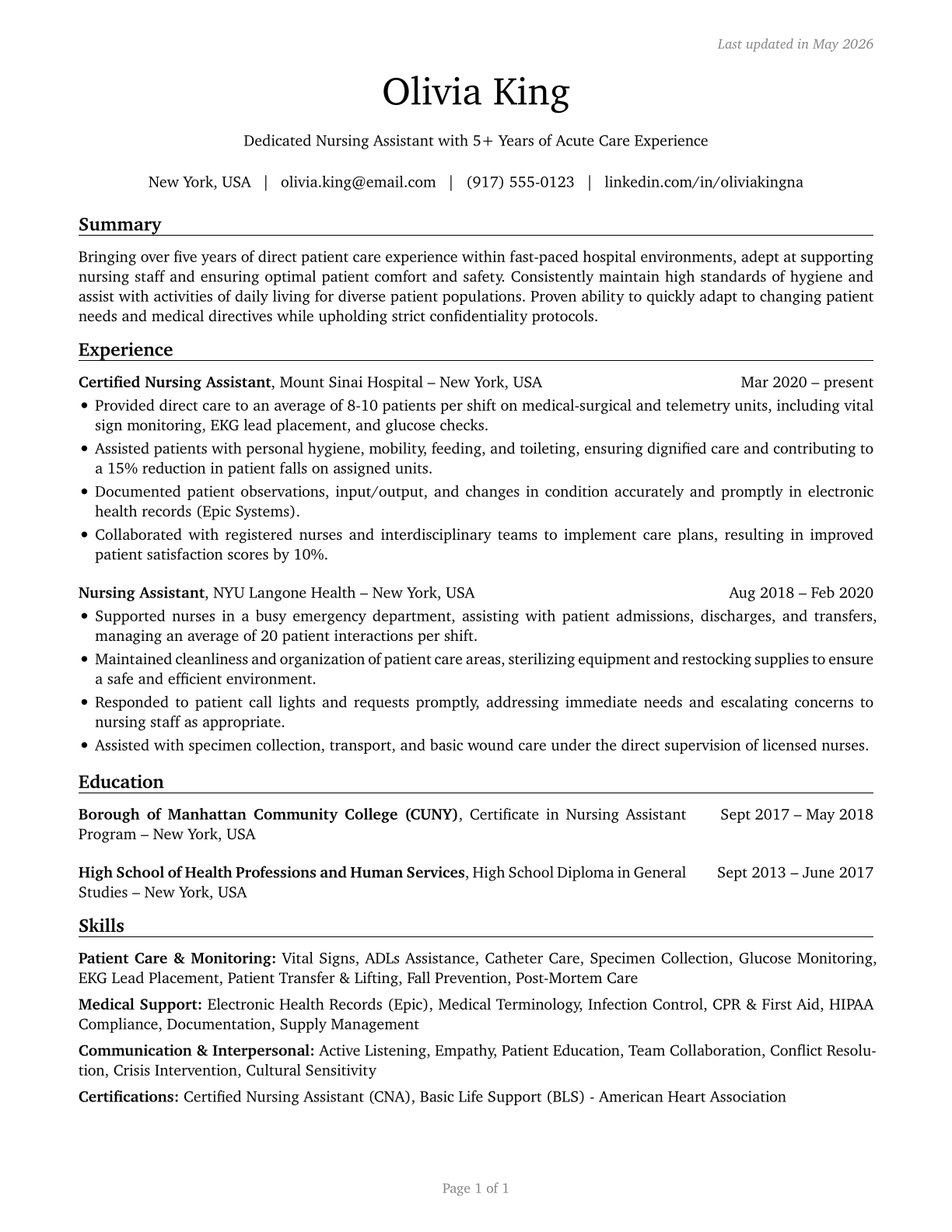 Nursing Assistants CV in English — page 1