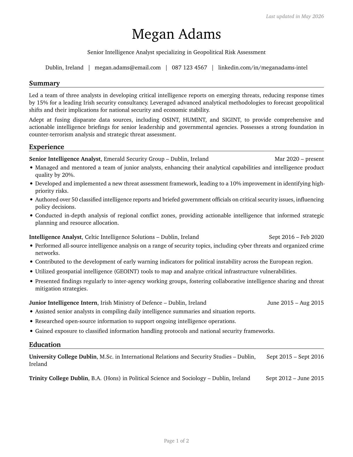 Intelligence Analysts CV in English — page 1