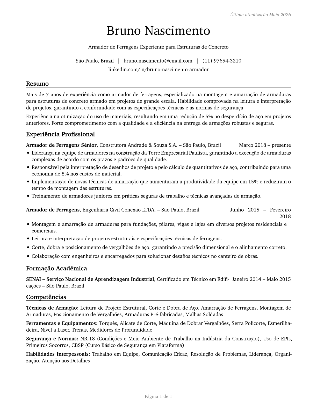 Reinforcing Iron and Rebar Workers CV in Portuguese — page 1