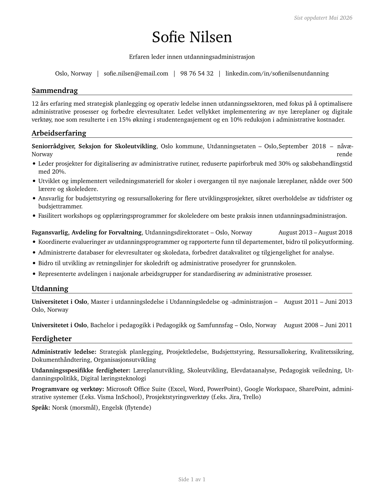 Education Administrators, All Other CV in Norwegian_bokmal — page 1
