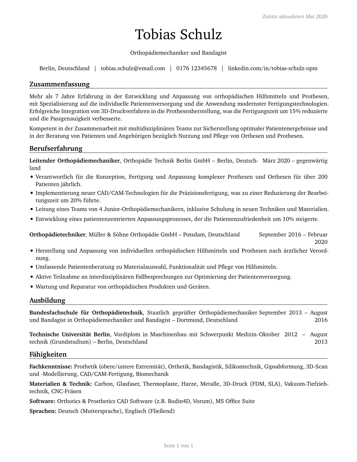 Orthotists and Prosthetists CV in German — page 1